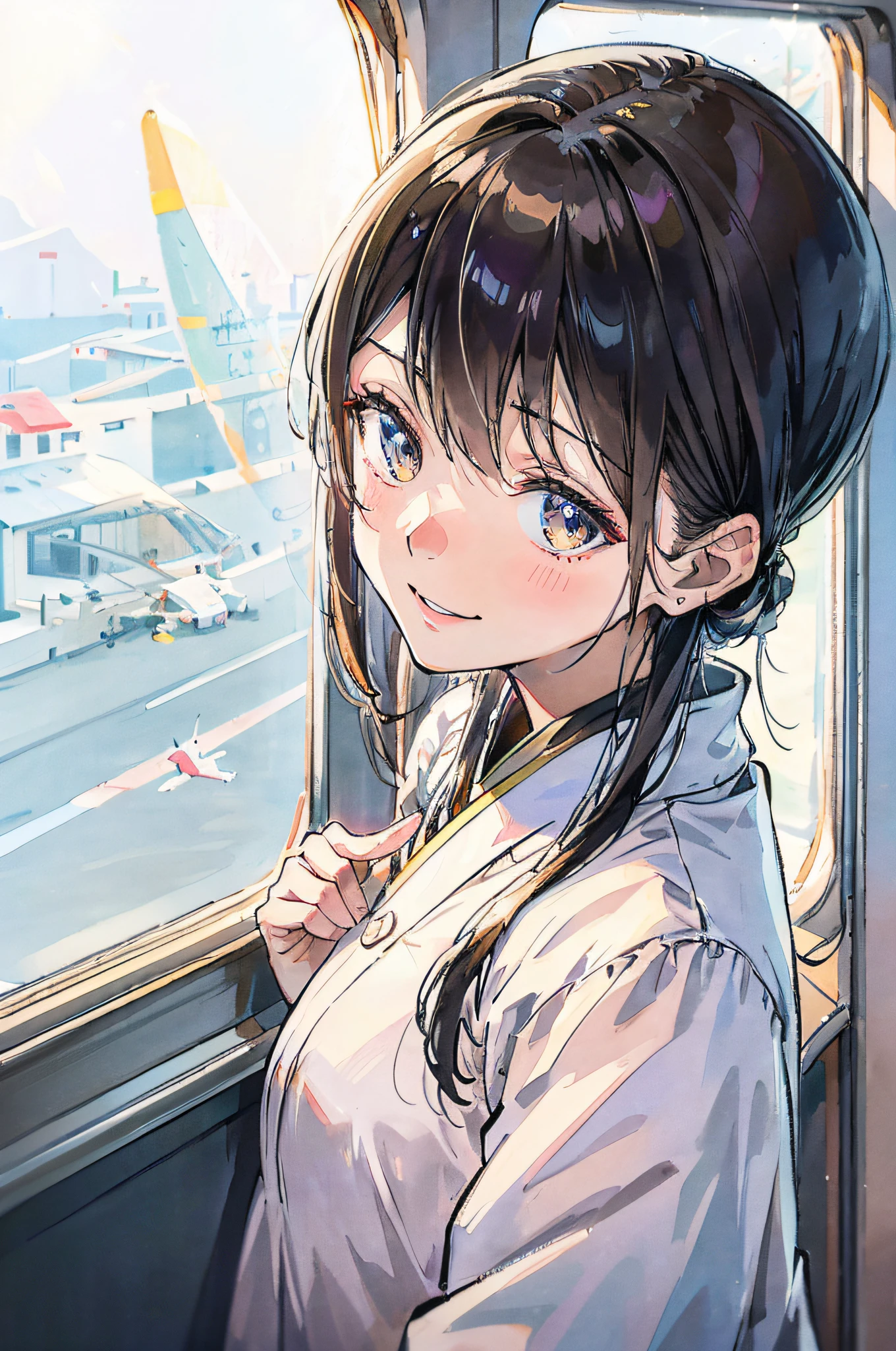 On the plane、Cabin Attendant Woman、beautiful countenance、shadings、sunlight from windows、She bends down and makes a gesture of putting her hair over her ears.、a smile