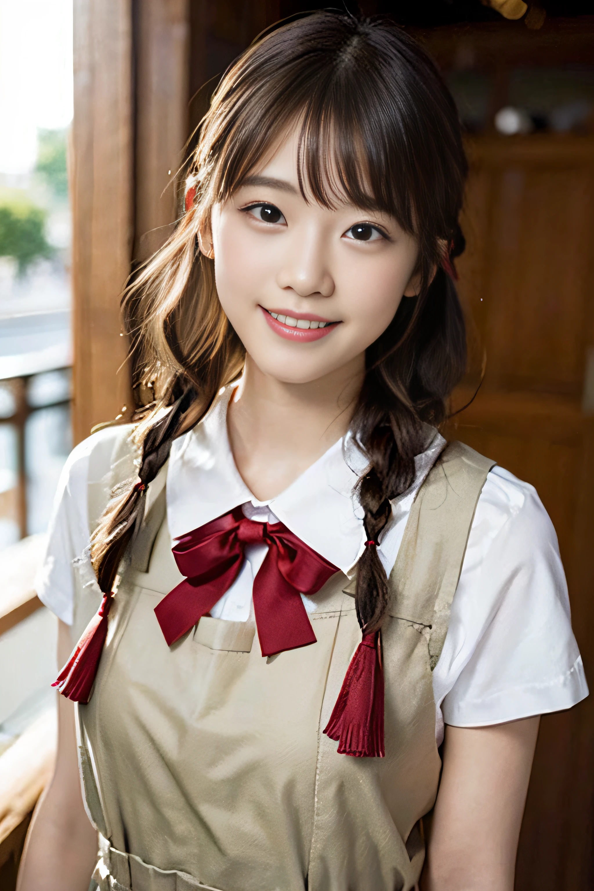 Best quality, masterpiece, ultra-high resolution, 8K, (reality: 1.4), RAW shooting, most detailed face, very detailed and perfect anatomy, live photography; most beautiful face; shining skin; one 18-year-old Japanese.My bangs and eyes are big and cute.It has brown eyes, gentle eyes, long brown hair, a young face, and a large chest.E-cup. Look at the audience.angelic smile.Cosplay, Japanese high school girls, glossy white short-sleeved shirts, red ribbons, plaid pleated skirts, and a ponytail.((a smiling face))school library.