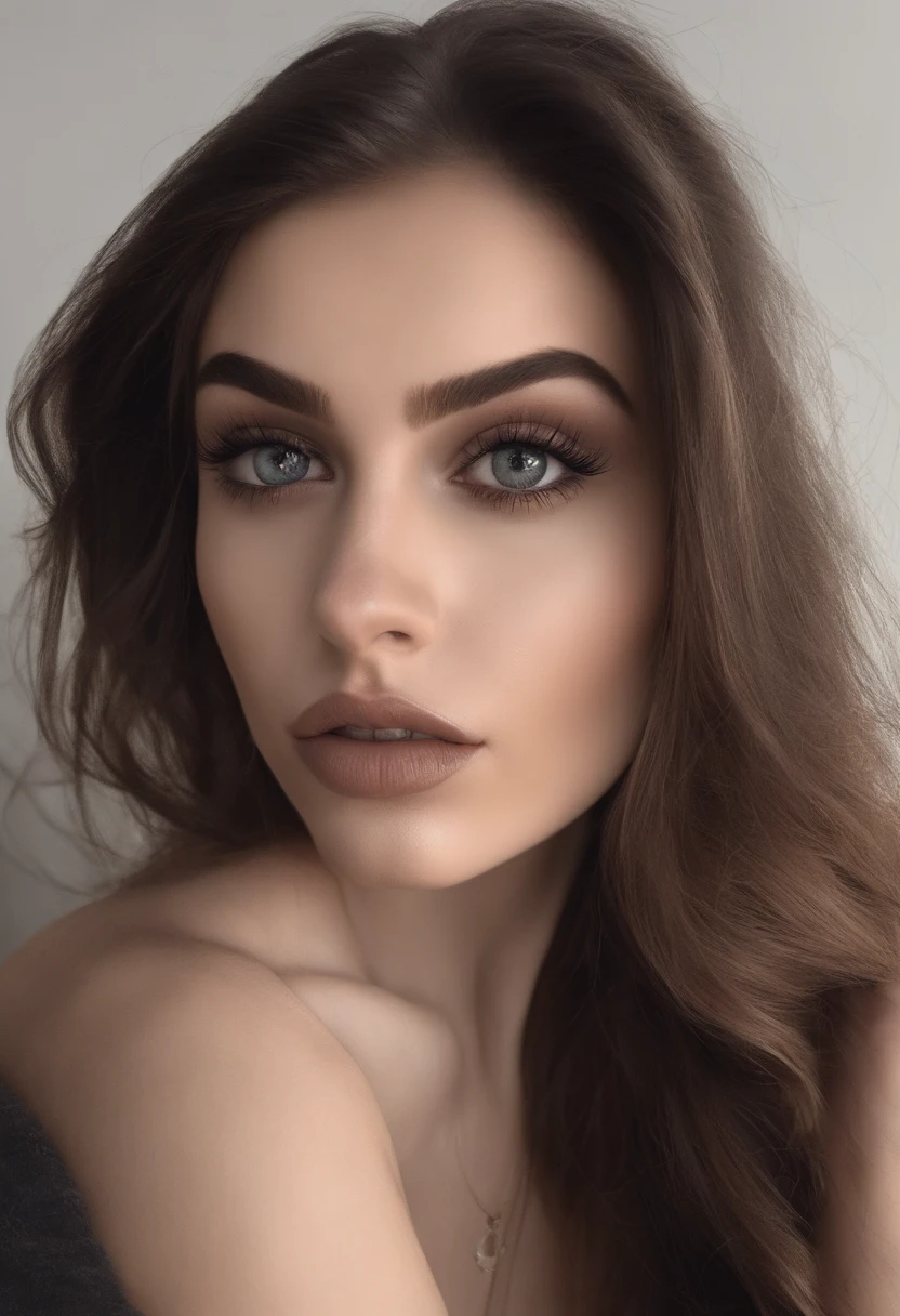 Arafed woman completely , emo , fille sexy aux yeux bruns, ultra realist, Meticulously detailed, Portrait Sophie Mudd , tatouage sur le ras , cheveux bruns et grands yeux, selfie of a young woman, Yeux de chambre, Violet Myers, sans maquillage, maquillage naturel, looking straight at camera, Visage avec Artgram, Maquillage subtil, Great photo of the whole body kneeling on the bed, dans la chambre, Medium to large bust