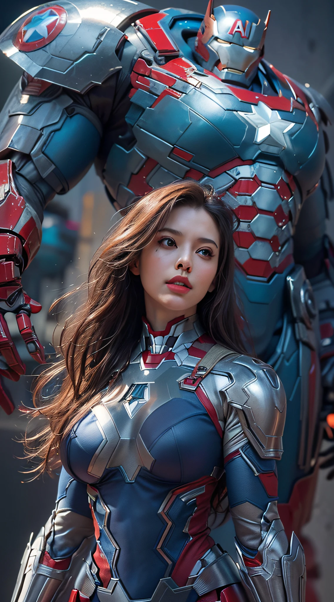 Blue and red color scheme,Girl Captain America Iron Man(in a(humongous large breast)Anti-Hulk mech),long whitr hair,ssmile,Realistic metal armor,shiny metal armor, ((Best quality,4K,8K,A high resolution,Masterpiece:1.2),(Realistic,Photorealistic,photo-realistic:1.37)).