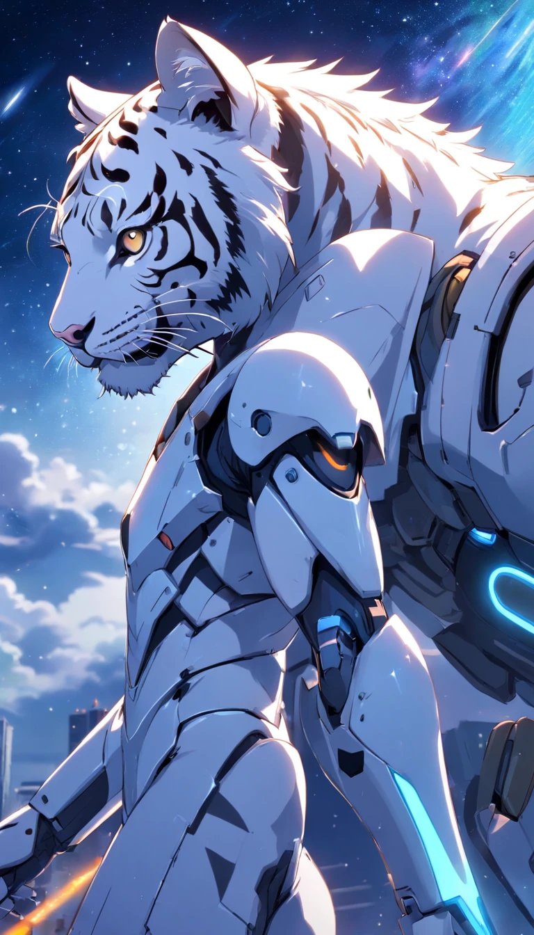 best qualtiy, tmasterpiece, 超高分辨率, realisticlying,1 man,Wearing a black mech,Fit and fit,white color hair,Eyes resolute,Followed by the mecha White Tiger,Doomsday Street,cosmic starry sky,wide angles