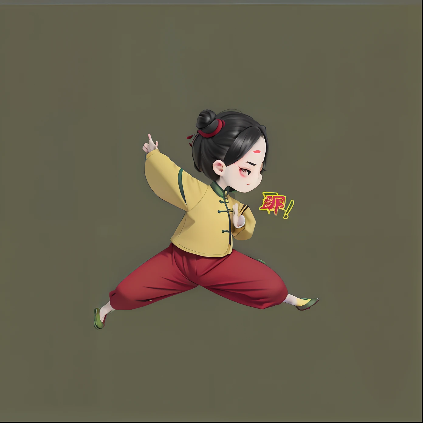 cartoon girl in yellow pants and red shirt jumping with a cell phone, green background, in the style of sifu 🔥 😎 🕹️ 👀 :2, inspired by Mi Fu, inspired by Chen Daofu, inspired by Miao Fu, dancing character, inspired by Cao Buxing, inspired by Xia Gui, inspired by Fan Qi, inspired by Lü Ji