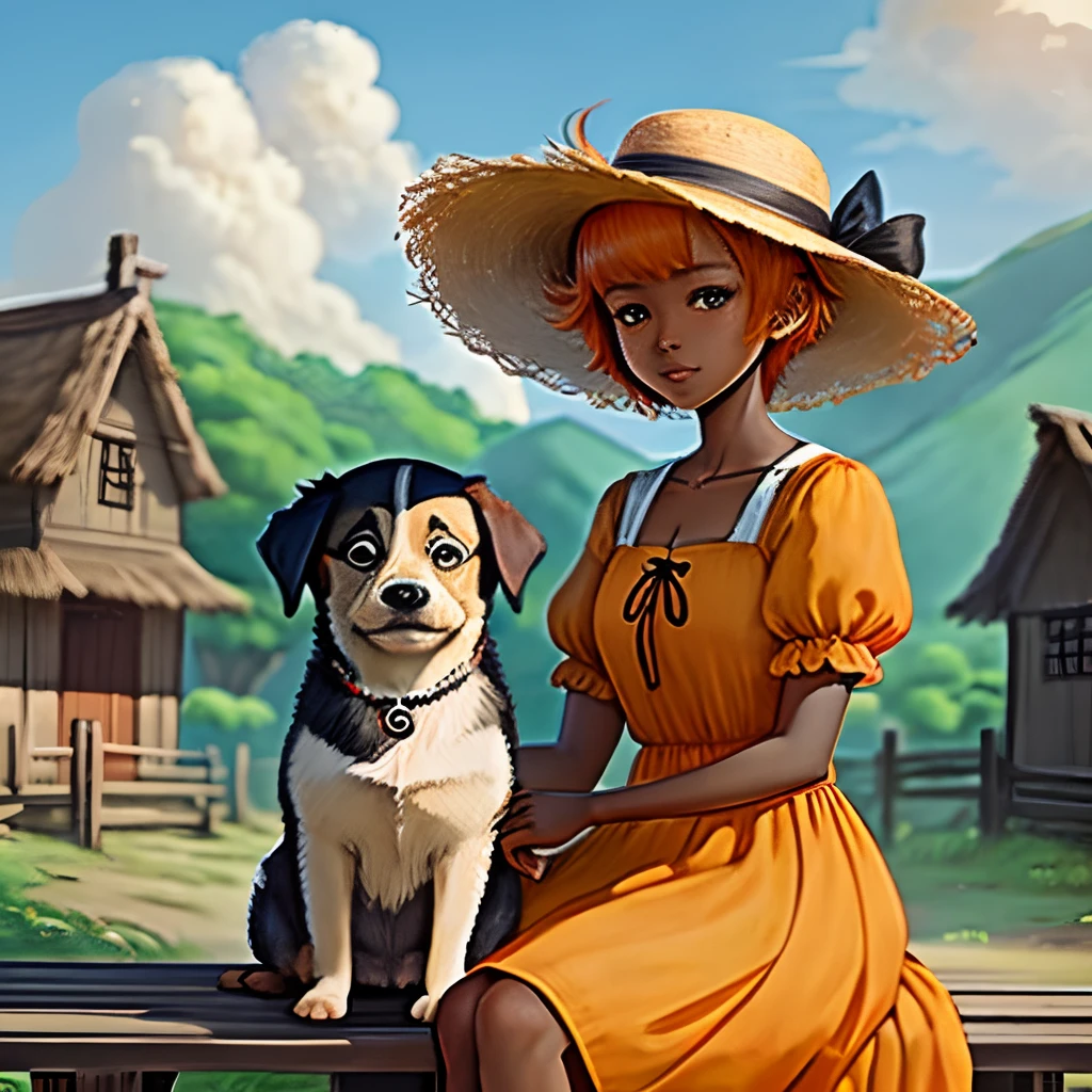 Black skinned anime style female character in orange dress with short hair of with straw hat and a village next to her a small puppy