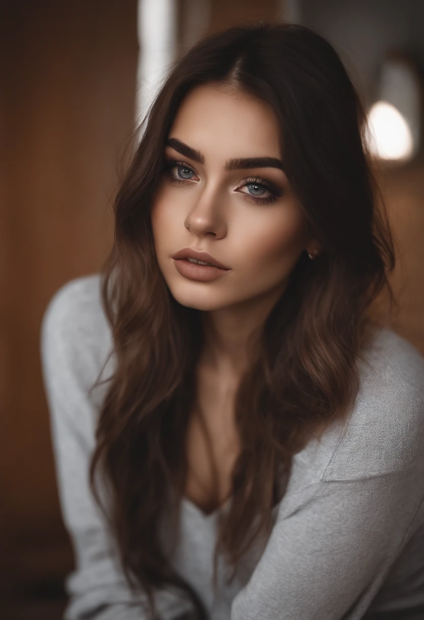Arafed woman completely , emo , egirl , fille sexy aux yeux bruns, ultra realist, Meticulously detailed, Portrait Sophie Mudd , tatouage sur le ras , cheveux bruns et grands yeux, selfie of a young woman, Yeux de chambre, Violet Myers, sans maquillage, maquillage naturel, looking straight at camera, Visage avec Artgram, Maquillage subtil, Great photo of the whole body kneeling on the bed, dans la chambre, Medium to large bust