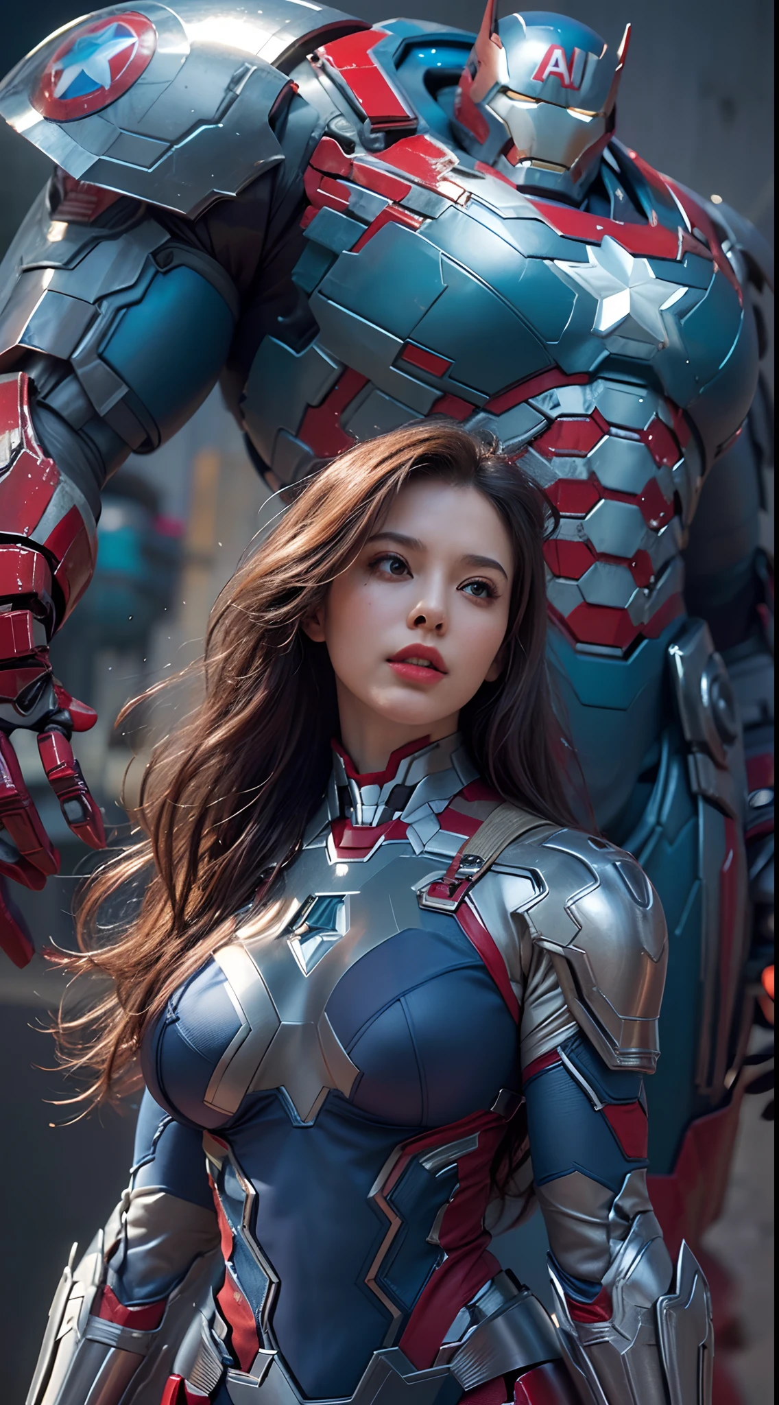 (The main subject: Wide-angle lens), Blue and red color scheme,Girl Captain America Iron Man(in a(humongous large breast)Anti-Hulk mech)，long whitr hair，ssmile,Realistic metal armor,shiny metal armor, ((Best quality,4K,8K,A high resolution,Masterpiece:1.2),(Realistic,Photorealistic,photo-realistic:1.37)).