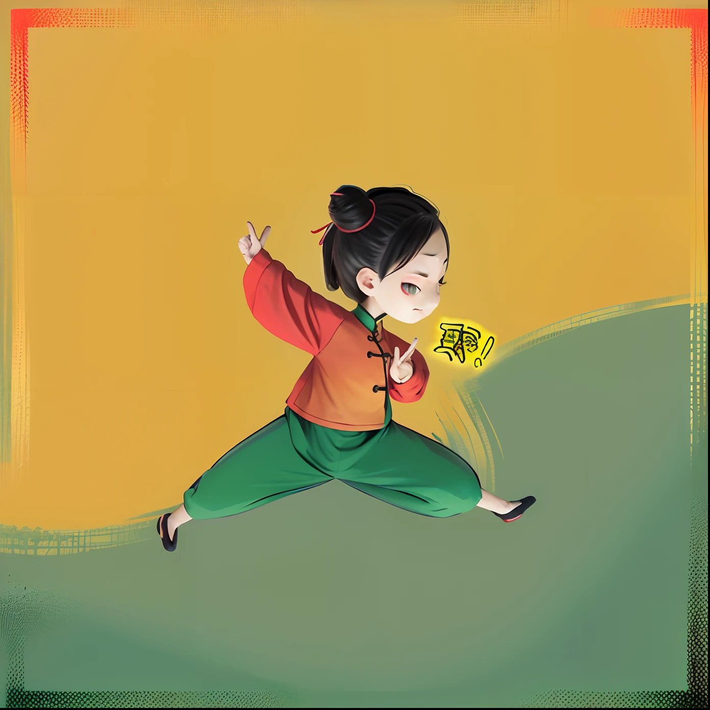 cartoon girl in yellow pants and red shirt jumping with a cell phone, green background, in the style of sifu 🔥 😎 🕹️ 👀 :2, inspired by Mi Fu, inspired by Chen Daofu, inspired by Miao Fu, dancing character, inspired by Cao Buxing, inspired by Xia Gui, inspired by Fan Qi, inspired by Lü Ji