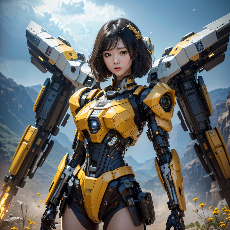 ((ultra real detailed.mecha-girl) (Masterpiece, Top quality, Best quality, offcial art, Beauty and aesthetics: 1.2), Very detailed, Colorful, Most detailed, branches,mecha-girl, （Mards）mecha-girl（canyons）， （Linen Future Mecha Girl）， Angry fighting stance， looking at the ground， Batik linen bandana， Crane pattern long sleeve garment，Mecha Maiden Canyon（Abstract propylene splash：1.2）， Dark clouds lightning background，Sprinkle with gold mecha girl powder（realisticlying：1.4），Black color hair，Flour fluttering，rainbow background， A high resolution， the detail， RAW photogr， Sharp Re， Nikon D850 Film Stock Photo by Jefferies Lee 4 Kodak Portra 400 Camera F1.6 shots, Rich colors, ultra-realistic vivid textures, Dramatic lighting, Unreal Engine Art Station Trend, cinestir 800，Flowing black hair,（（（mecha-girl）））