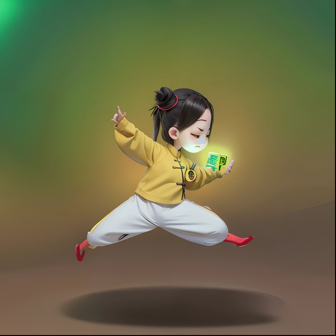 cartoon girl in yellow pants and red shirt jumping with a cell phone, green background, in the style of sifu 🔥 😎 🕹️ 👀 :2, inspired by Mi Fu, inspired by Chen Daofu, inspired by Miao Fu, dancing character, inspired by Cao Buxing, inspired by Xia Gui, inspired by Fan Qi, inspired by Lü Ji