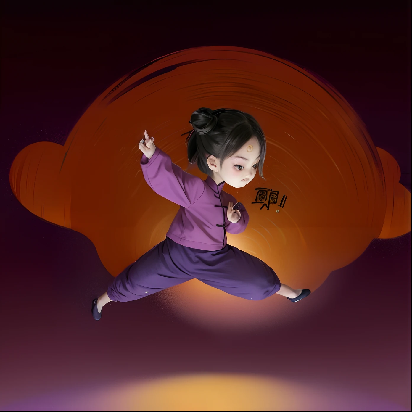 cartoon girl in purple pants and red shirt jumping with a cell phone, purple background, in the style of sifu 🔥 😎 🕹️ 👀 :2, inspired by Mi Fu, inspired by Chen Daofu, inspired by Miao Fu, dancing character, inspired by Cao Buxing, inspired by Xia Gui, inspired by Fan Qi, inspired by Lü Ji