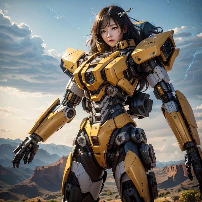 ((ultra real detailed.mecha-girl) (Masterpiece, Top quality, Best quality, offcial art, Beauty and aesthetics: 1.2), Very detailed, Colorful, Most detailed, branches,mecha-girl, （Mards）mecha-girl（canyons）， （Linen future mech girl）， Angry fighting stance， looking at the ground， Batik linen bandana， Crane pattern long sleeve garment，Mecha Maiden Canyon（Abstract propylene splash：1.2）， Dark clouds lightning background，Sprinkle with golden mech girl powder（realisticlying：1.4），Black color hair，Flour fluttering，rainbow background， A high resolution， the detail， RAW photogr， Sharp Re， Nikon D850 Film Stock Photo by Jefferies Lee 4 Kodak Portra 400 Camera F1.6 shots, Rich colors, ultra-realistic vivid textures, Dramatic lighting, Unreal Engine Art Station Trend, cinestir 800，Flowing black hair,（（（mecha-girl）））