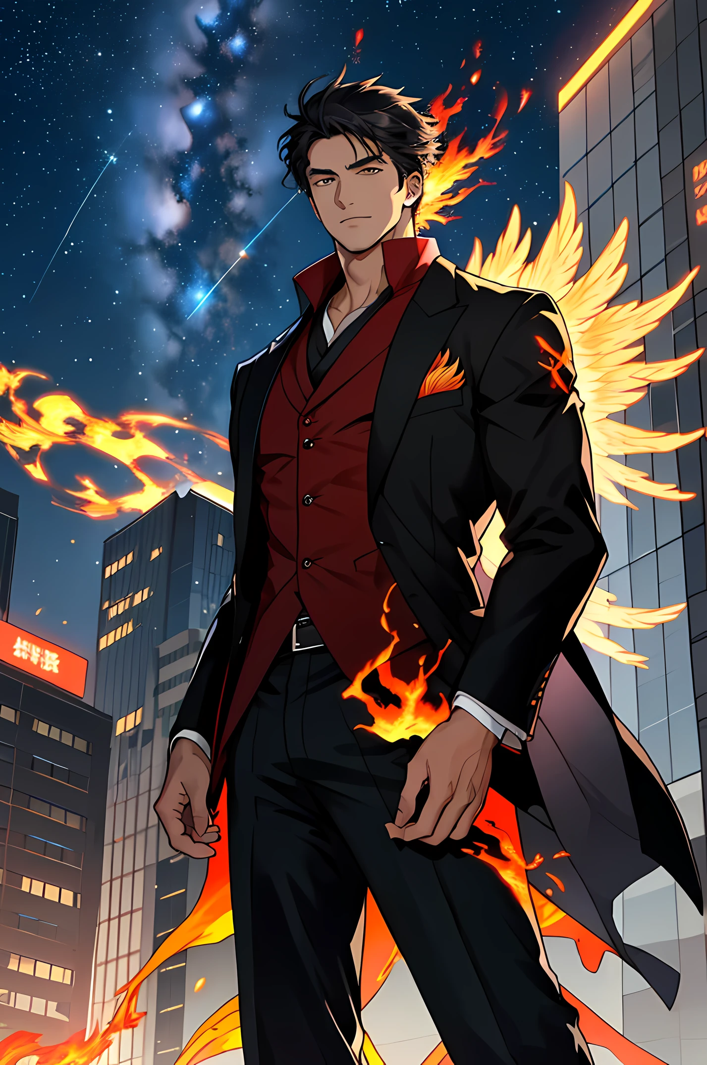 Draw a full-fledged male actor,Standing on top of the building at night,Quiet and relaxing background,He wears the same suit as the president,The suit fits perfectly,handsome face,bright-eyed,The man looks confident and determined,Looking down,Crew Cut,full bodyesbian,The stars are scattered in the sky,Shooting from below,A very huge phoenix accentuates the background, Tall, Very large Phoenix background, Oriental Face, I took off my jacket, 1 Phoenix, A phoenix engulfed in flames, black jackets, look at the camera