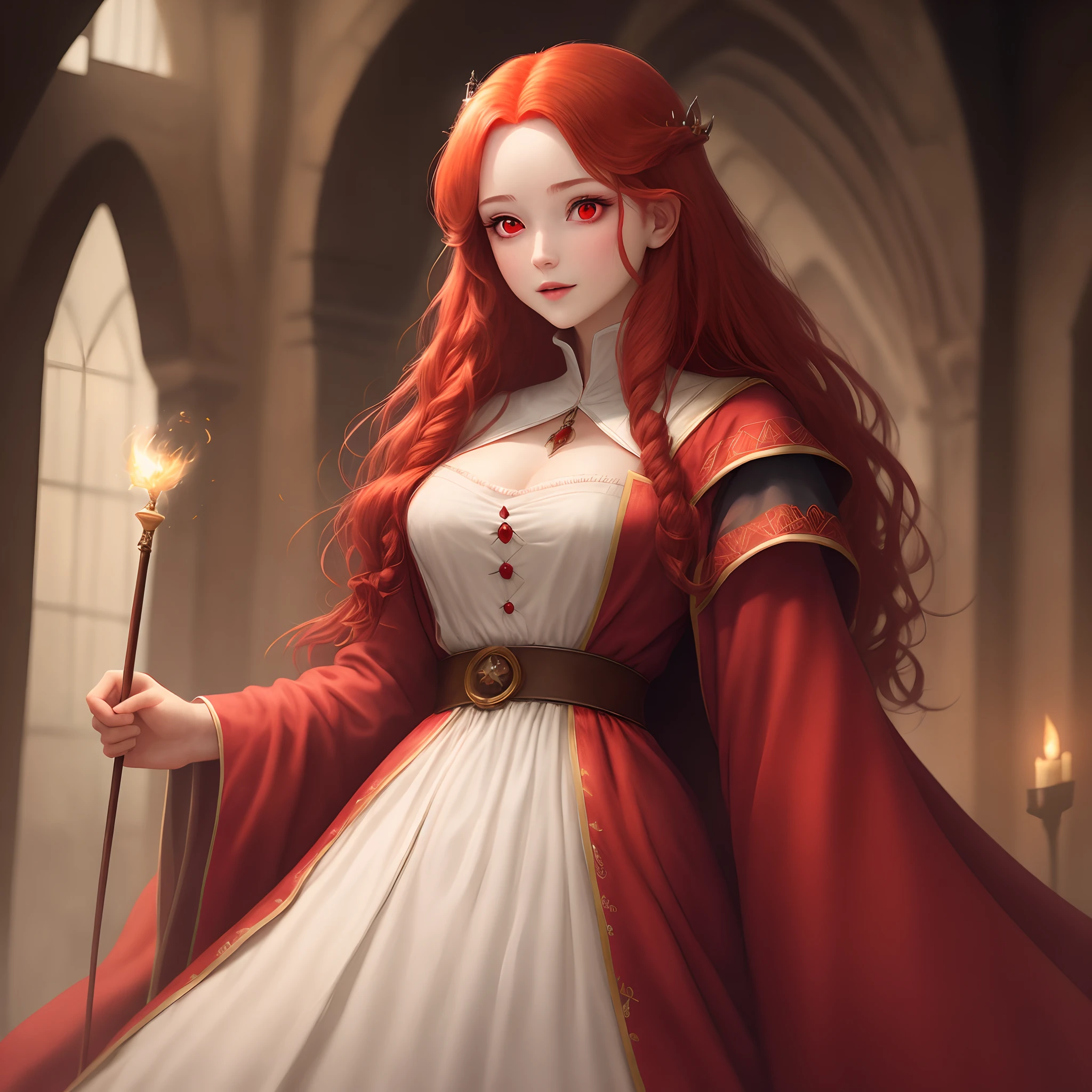 A princess with long red hair, a medieval robe and red eyes and magic