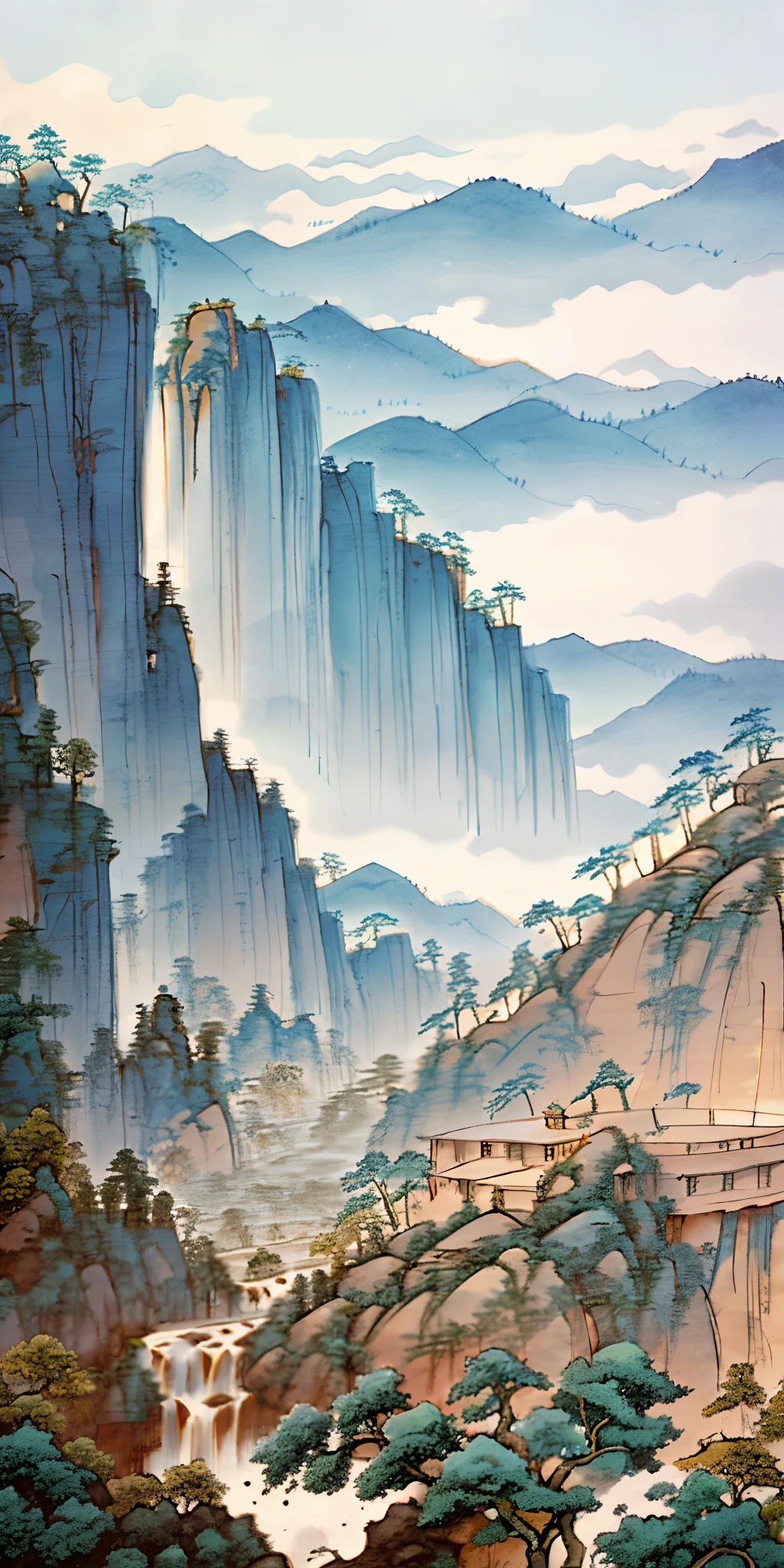 masterpiece, best quality, high quality, extremely detailed CG unity 8k wallpaper, scenery, outdoors, sky, cloud, day, no humans, mountain, landscape, water, tree, blue sky, waterfall, cliff, nature, lake, river, cloudy sky,award winning photography, Bokeh, Depth of Field, HDR, bloom, Chromatic Aberration ,Photorealistic,extremely detailed, trending on artstation, trending on CGsociety, Intricate, High Detail, dramatic, art by midjourney