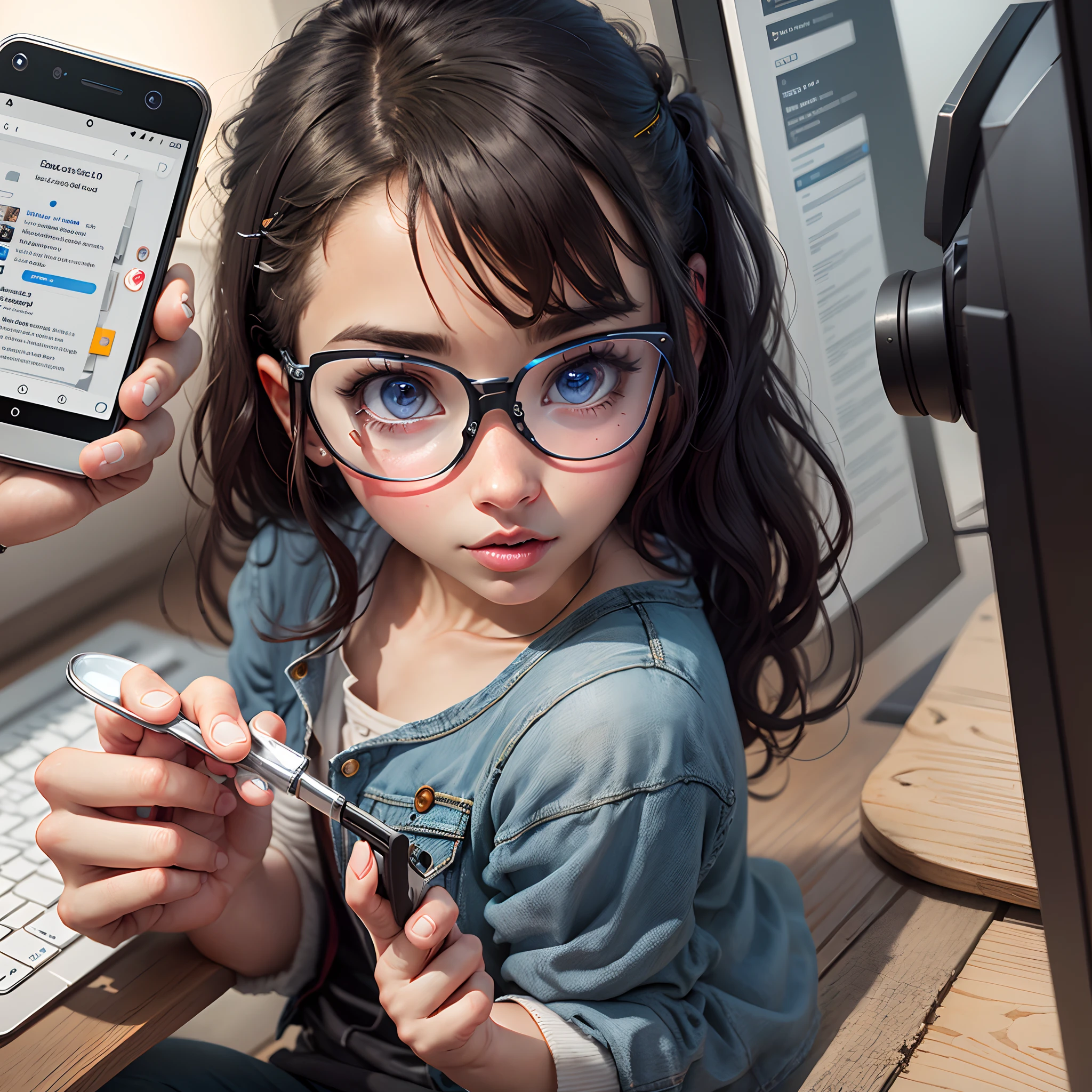 magnifying glass to spy on Android cell phone and a person taking the cell phone
