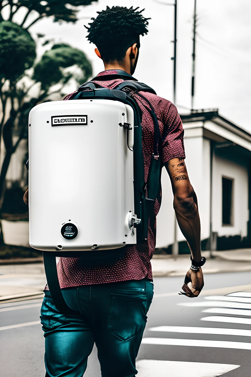 Man carrying a water heater on his back