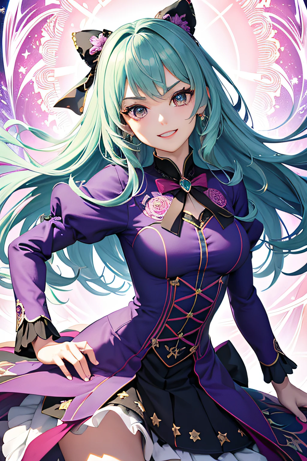 Hands on the hips、scold、get angry!、(masterpiece、top-quality、top-quality、art by、Beautifully Aesthetic:1.2)、(1girl in:1.3)、(Fractal Art:1.3)、Chest out, absurderes, superfine illustration,rainboweffect, Green Apatite Hair, hight resolution, ultra-detailliert,Light diffusion,highly detailed light reflection, Kaleidoscope, Harmonious, Best Shadow, highly detailed very beautiful big smile face, ;D, Beautiful growing、Crystal Diamond Star Pupil,look at viewr, beautiful detailed hair, Dynamic Pose, beautiful detailed pink and black ribon, beautiful detailed High school uniform, Fantastic and sparkling throughout、Shooting stars and windy background detail background