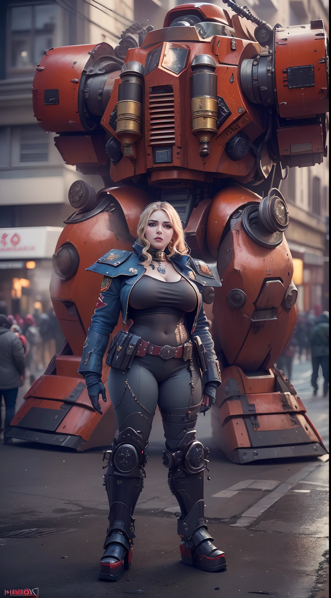 (The main subject: Wide-angle lens), salama,Singer Madonna as Marine Astartes, (Show on the(humongous large breast)Power mech) colours: red colour, (warhammer40k),Realistic metal mech,Standing in the street.(Best quality,4K,8K,A high resolution,Masterpiece:1.2),(Realistic,Photorealistic,photo-realistic:1.37)