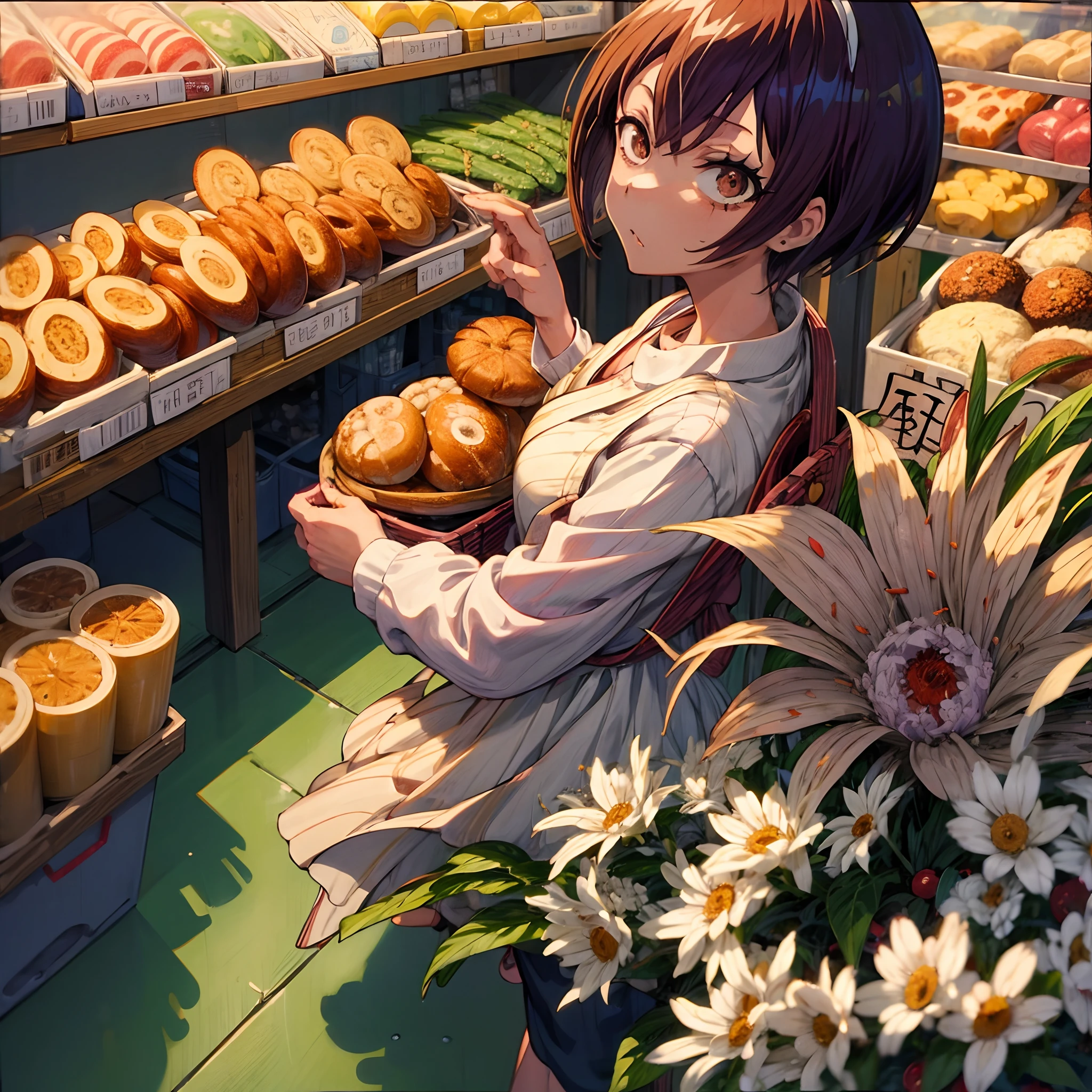 (masutepiece, Best Quality, Extremely detailed:1.5) BREAK 1girl, Solo Focus, Bakery girl in the supermarket