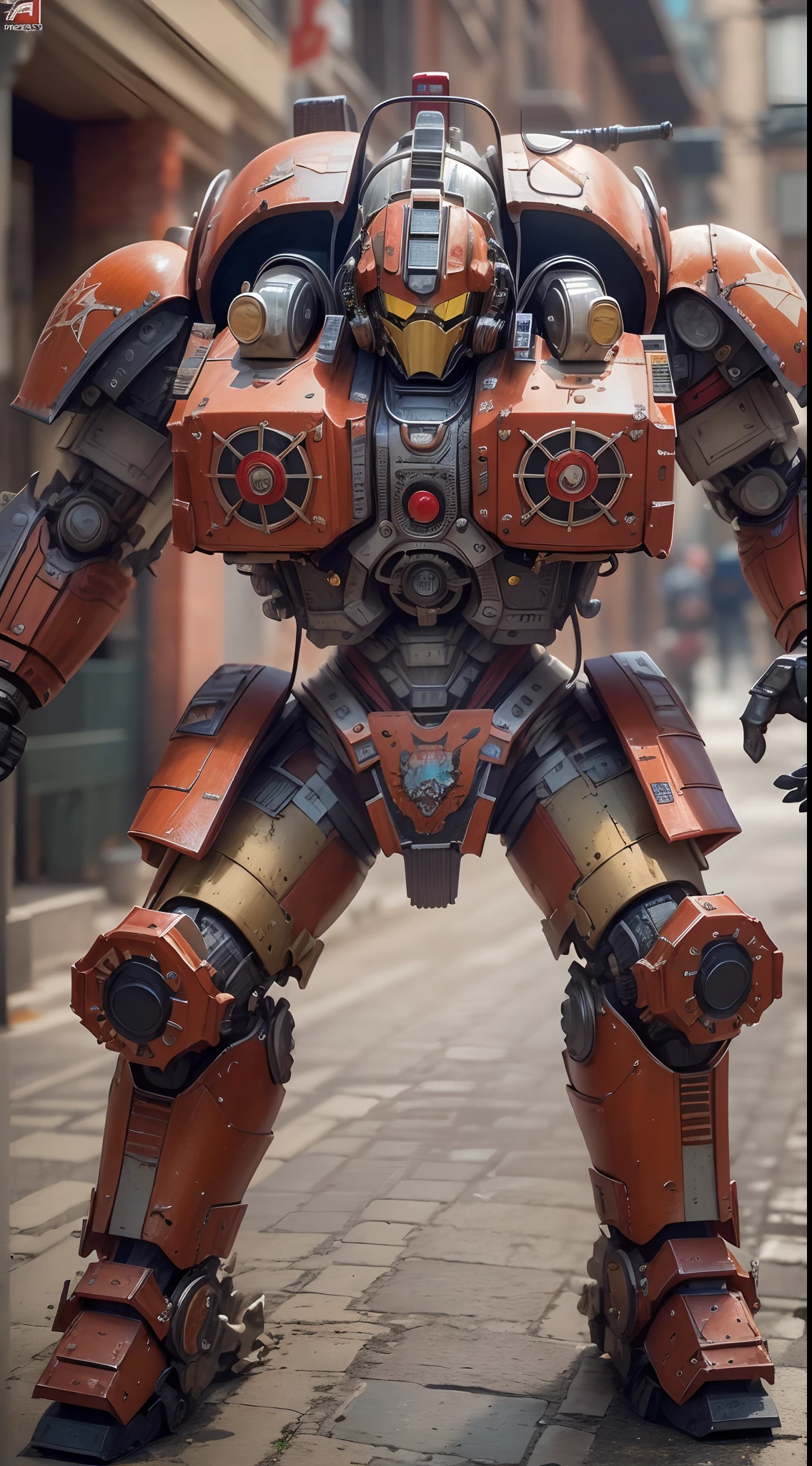 (The main subject: Wide-angle lens), salama,Singer Madonna as Marine Astartes, Show on the(humongous large breast)Power mech in color: red colour, (warhammer40k),Realistic metal mech,Standing in the street.(Best quality,4K,8K,A high resolution,Masterpiece:1.2),(Realistic,Photorealistic,photo-realistic:1.37)