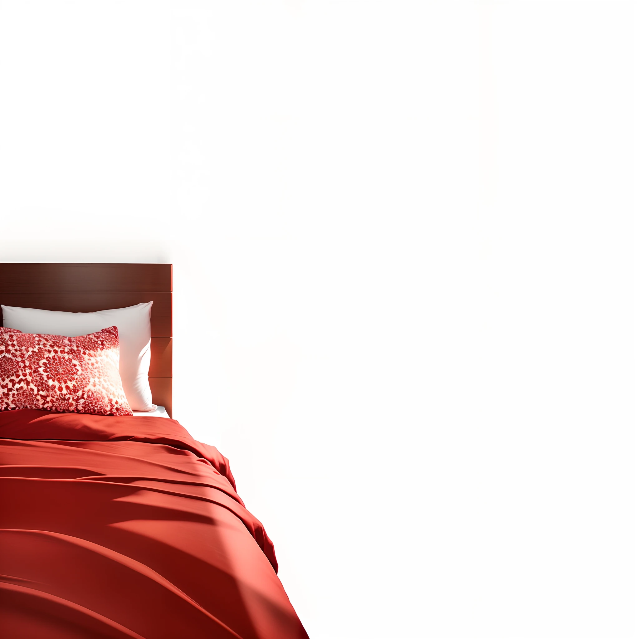 A comfortable bed with a red duvet, white sheet, travesseiros brancos
