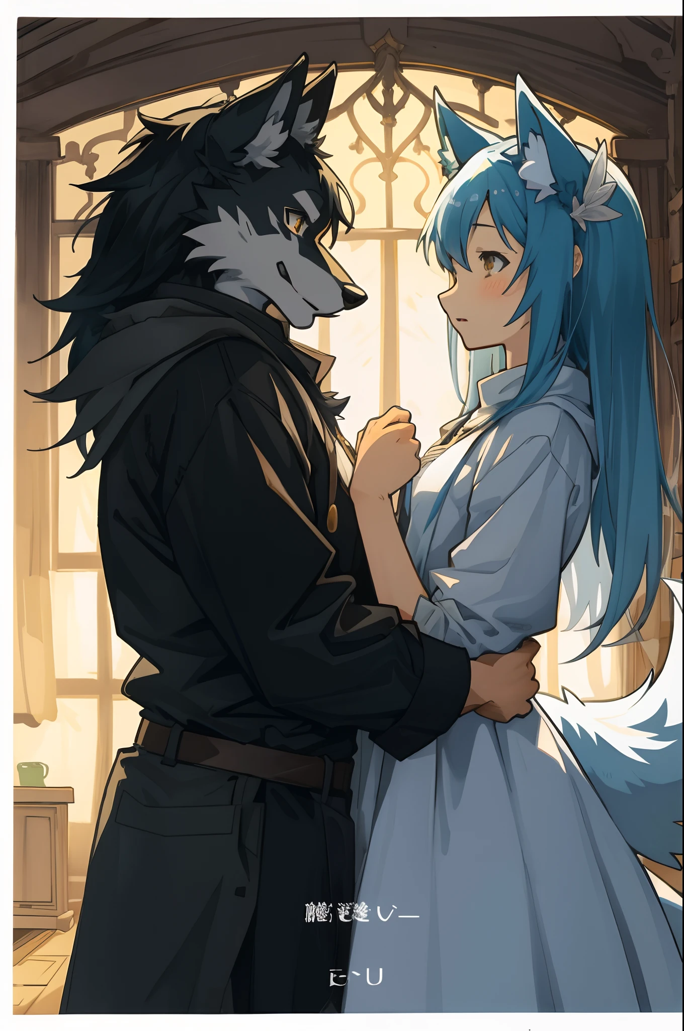High-quality illustrations, doujinshi cover_page, highres, absurdres, The story of the meeting of a girl and a wolf,