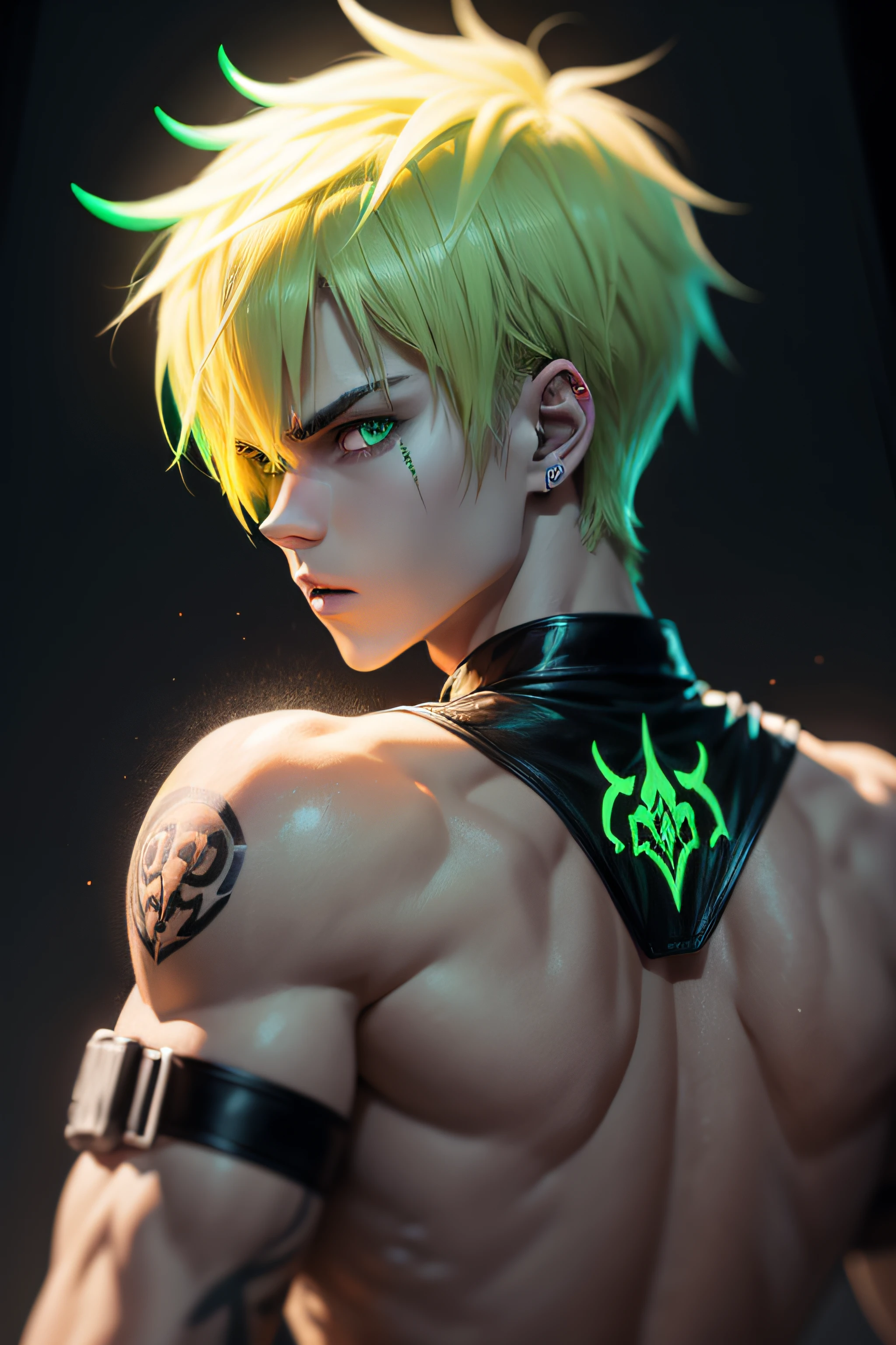anime phonk devil blond guy, short hair styled to the right who looks like Justin bieber warrior horror spotify cover with neon green colors