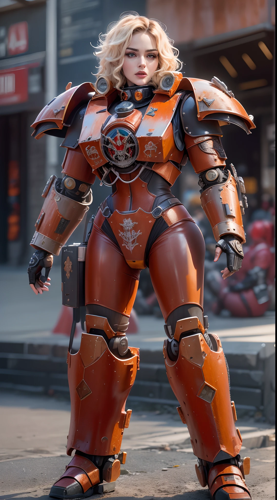 Singer Madonna as Marine Astartes, In a huge power mech color: red colour, ultra-realistic realism, Best quality, (warhammer40k),Realistic metal mech,Standing in the street.((depth of fields)). (Best quality,4K,8K,A high resolution,Masterpiece:1.2),(Realistic,Photorealistic,photo-realistic:1.37)