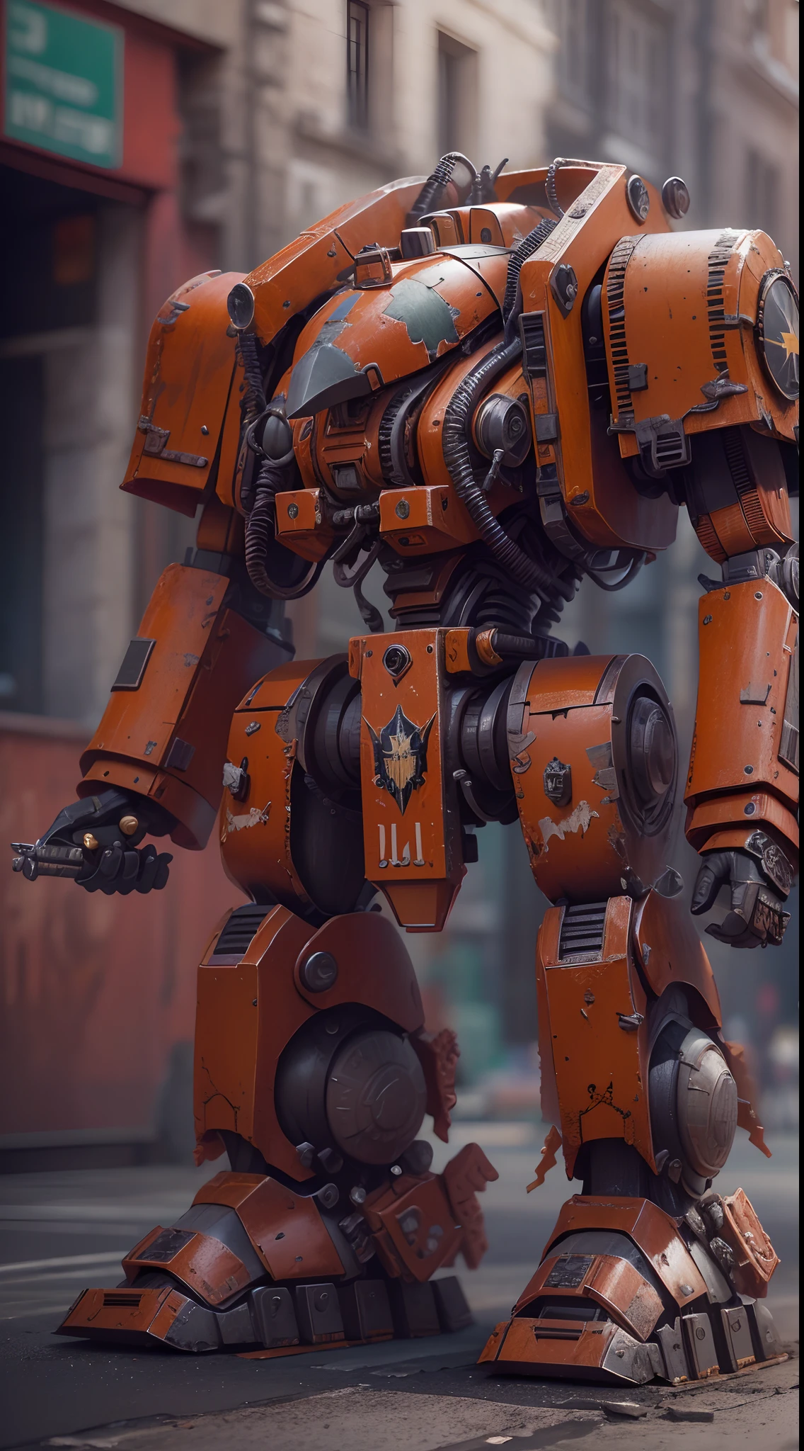 Singer Madonna as Marine Astartes, In a huge power mech color: red colour, ultra-realistic realism, Best quality, (warhammer40k),Realistic metal mech,Standing in the street.((depth of fields)). (Best quality,4K,8K,A high resolution,Masterpiece:1.2),(Realistic,Photorealistic,photo-realistic:1.37)
