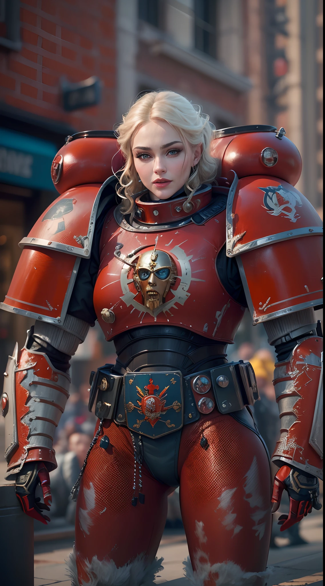 Singer Madonna as Highly realistic Marine Astartes, In your huge power mech colors： red colour, ultra-realistic realism, Best quality, (warhammer40k)，ssmile,Realistic metal armor,Shiny metallic armor,Standing in the street. (Best quality,4K,8K,A high resolution,Masterpiece:1.2),(Realistic,Photorealistic,photo-realistic:1.37)