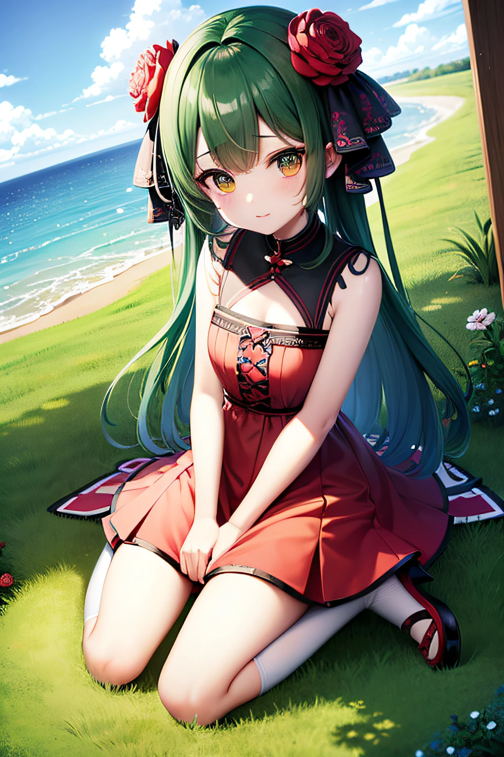 masutepiece、hightquality、high-level image quality、in 8K、Bulbasaur cosplay、personification、girl with、、blue clothing、Red mesh on green hair、Medium Hair、Have flowers、White background、Chibi Chara、Write the whole body