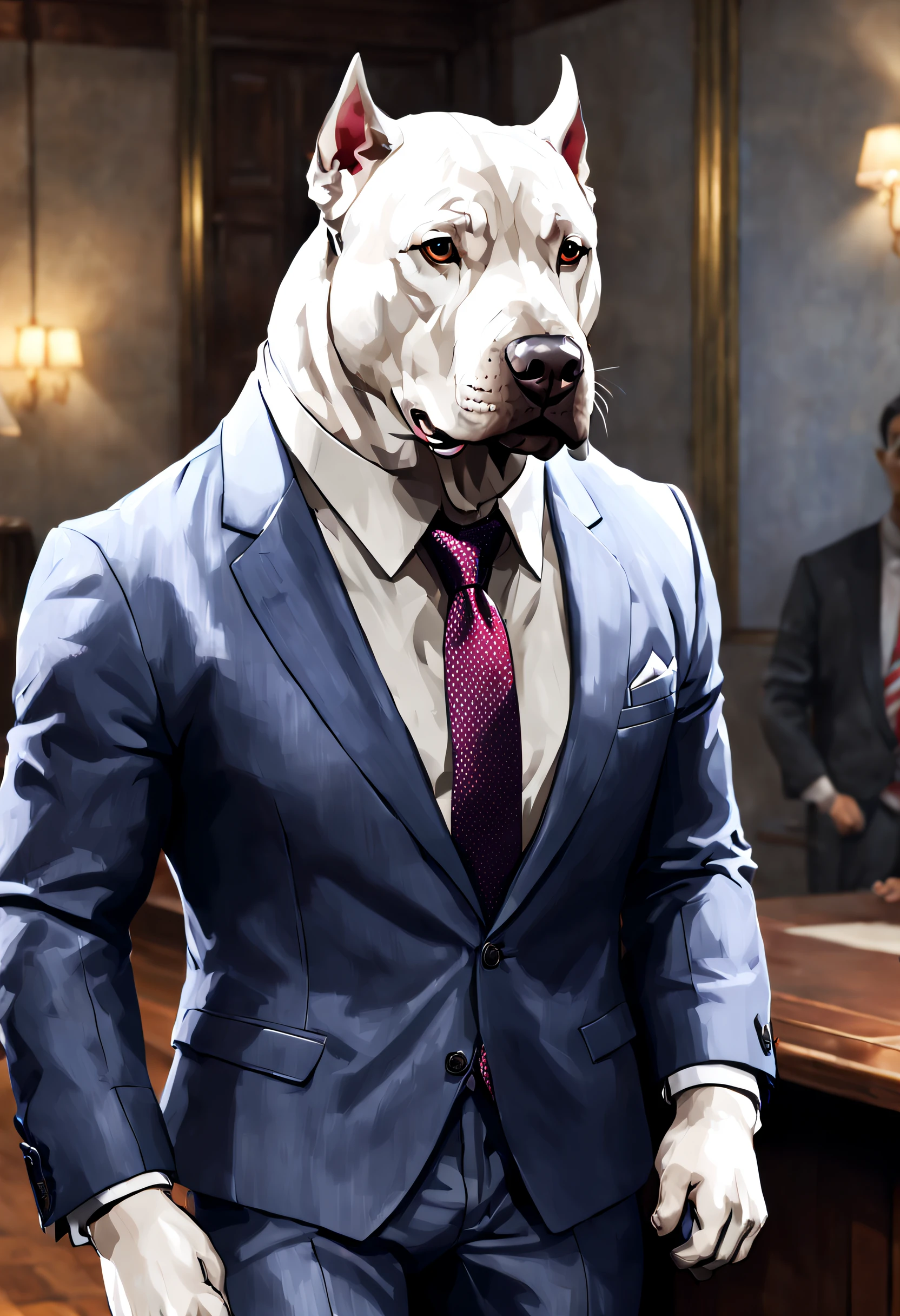 Dogo Argentino wears a suit and tie instead of a collar, 1.Offener Mund, 2. maul aufgerissen,,Unreal-Engine, Meisterwerk, Kunstwer, UHD, 4K, 8K, Vorderseite,