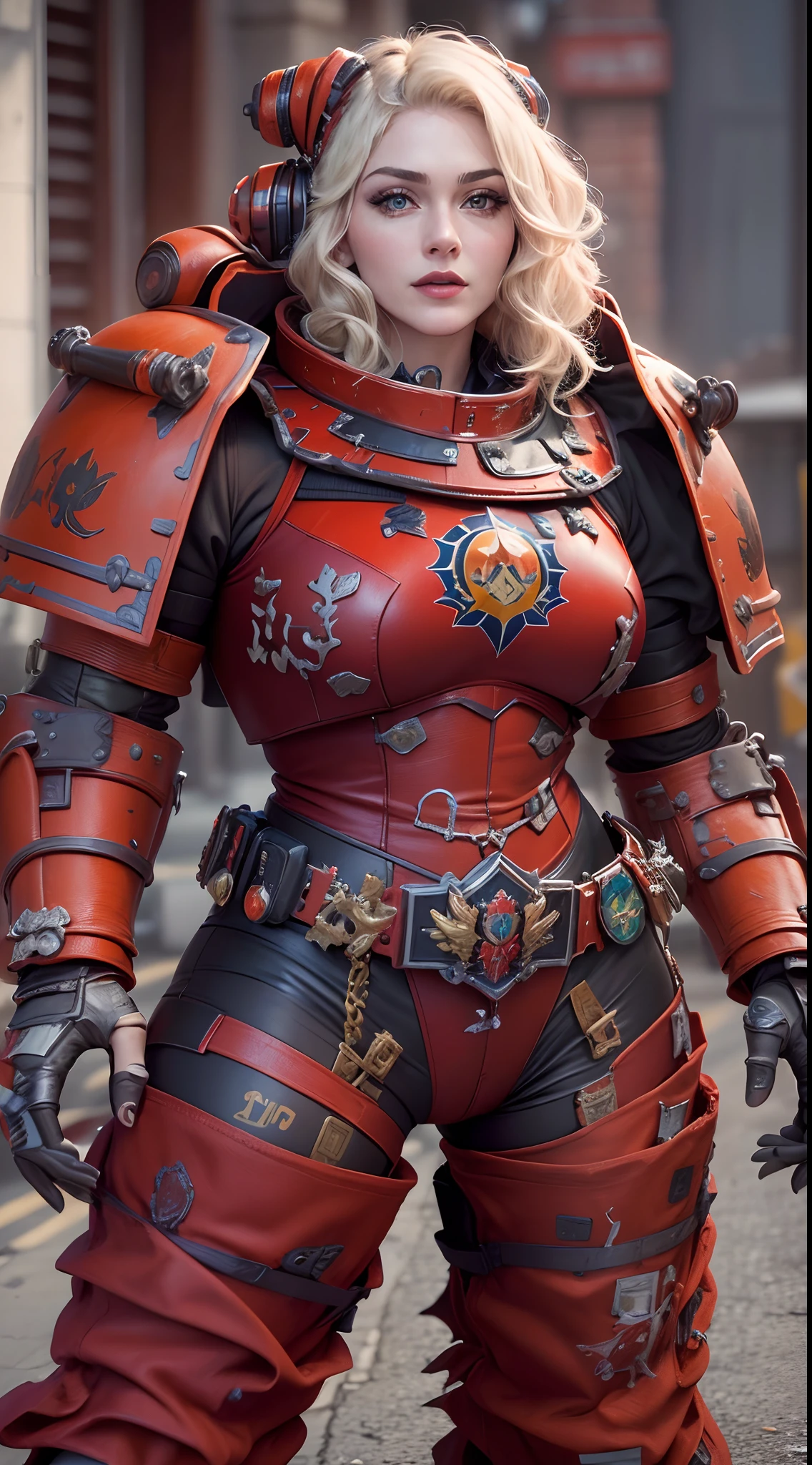 Singer Madonna as Highly realistic Marine Astartes, In your huge power mech colors: red colour, ultra-realistic realism, Best quality, (warhammer40k),ssmile,Realistic metal armor,Shiny metallic armor,Standing in the street. (Best quality,4K,8K,A high resolution,Masterpiece:1.2),(Realistic,Photorealistic,photo-realistic:1.37)
