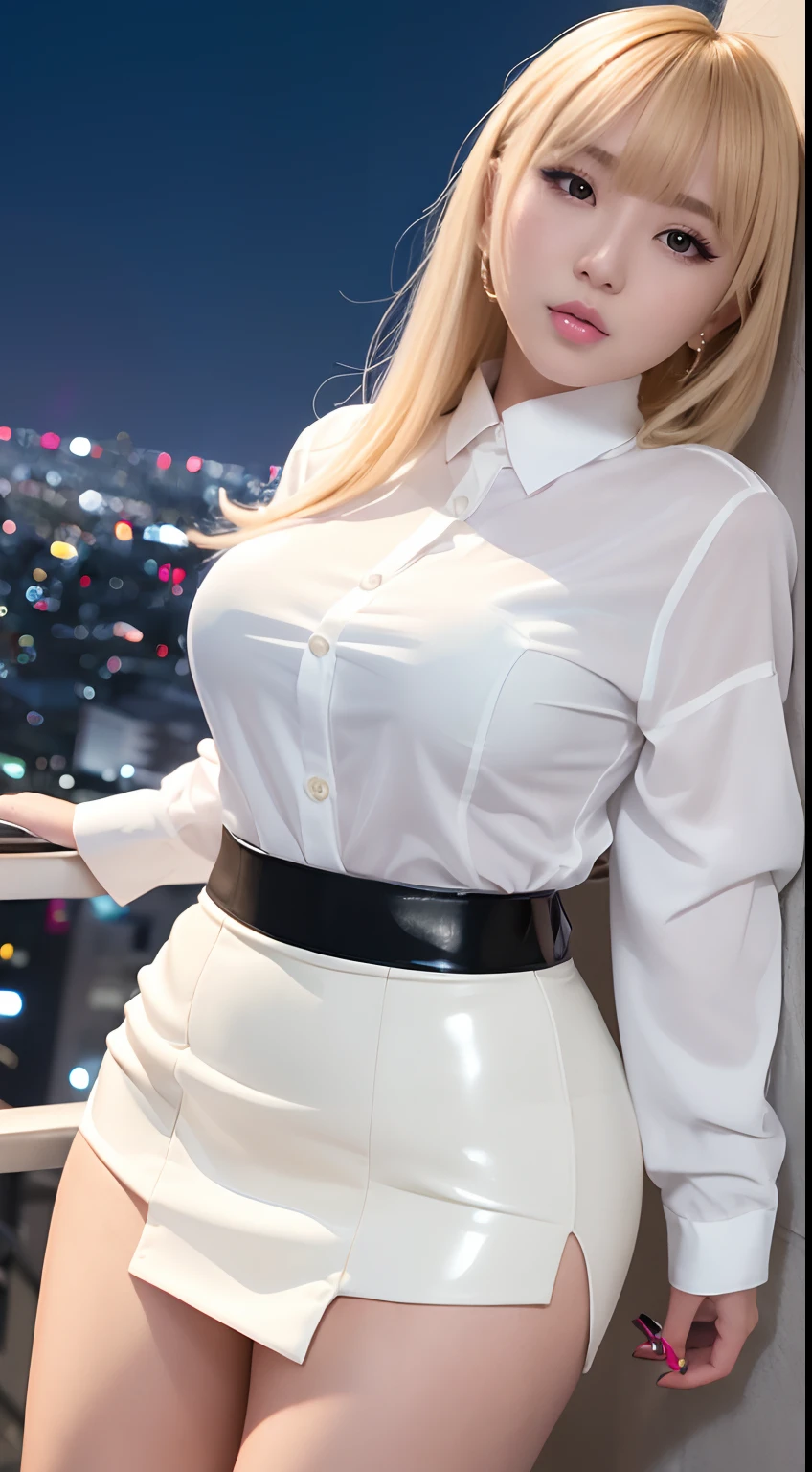 ((Arafe like a Korean idol with a sexy expression like a Japan adult video actress in the 1980s))　((shiny plump lips))　Glamorous and flashy makeup　((Blonde shorthair with bangs))　　((Looking at the camera))　((White button shirt and black enamel tight skirt))　The rooftop of a building with a beautiful night view of Tokyo at night　Low-angle shooting of a person standing facing the front　look down on　a blond