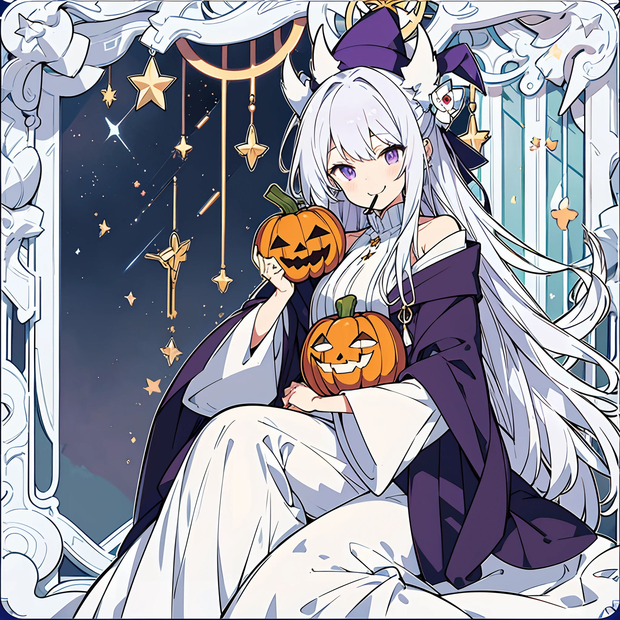 A maiden sitting on a rooftop under the stars，white color hair，There are star pupils in purple eyes，The head wears a wizard hat，Wearing a star hair card，Holding a pumpkin head filled with candy in his hand，Smile，with her mouth open，Show cute fangs