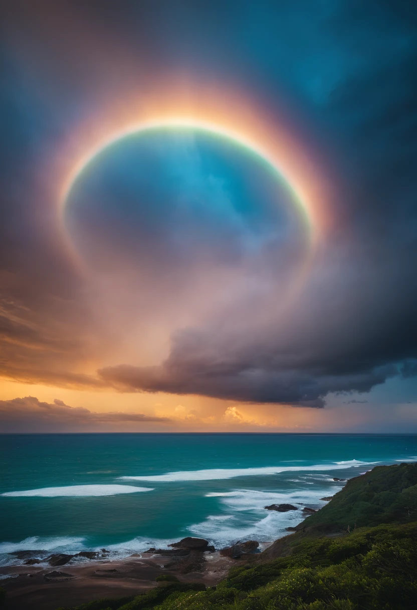 Close up of iridescent circle in the sky. The scene features a rainbow resembling air.、Full of iridescent clouds. This is such a colorful haven. Clouds are iridescent、Illuminated by the holy halo. The scene has、Also included are clear iridescent galaxies and stormy seas. I see a rainbow in the sky, Surrounded by synchrotron halos. The scene has、There are also ethereal rainbow nimbass and bright rainbow ninbus, As well as prism halo. A space that shines in rainbow colors, Illuminated by the light of heaven. This is、One of the most beautiful images ever created.