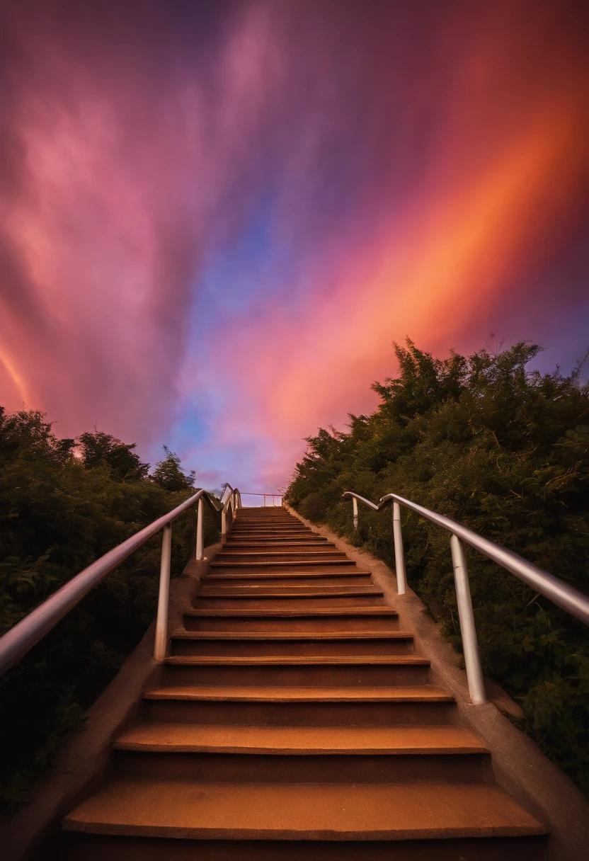 Close-up of the stairs leading to the rainbow sky, A very colorful staircase to heaven. The sky is full of iridescent clouds. This staircase leads from hell to heaven, Reflecting the colors of the heavens. Rainbow clouds lead you to a colorful sky. This road is known as the Rainbow Trail, Looks like iridescent eyes. The scene is full of beautiful colors, colorful skies, Rainbow Color, Heaven, Psychedelic sky, colorful image, And great colors.