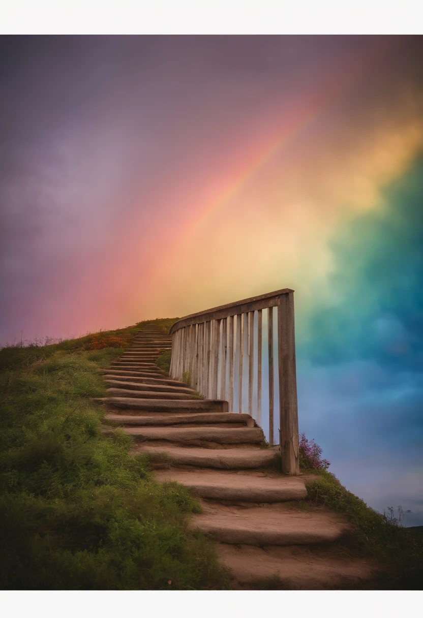 Close-up of the stairs leading to the rainbow sky, A very colorful staircase to heaven. The sky is full of iridescent clouds. This staircase leads from hell to heaven, Reflecting the colors of the heavens. Rainbow clouds lead you to a colorful sky. This road is known as the Rainbow Trail, Looks like iridescent eyes. The scene is full of beautiful colors, colorful skies, Rainbow Color, Heaven, Psychedelic sky, colorful image, And great colors.