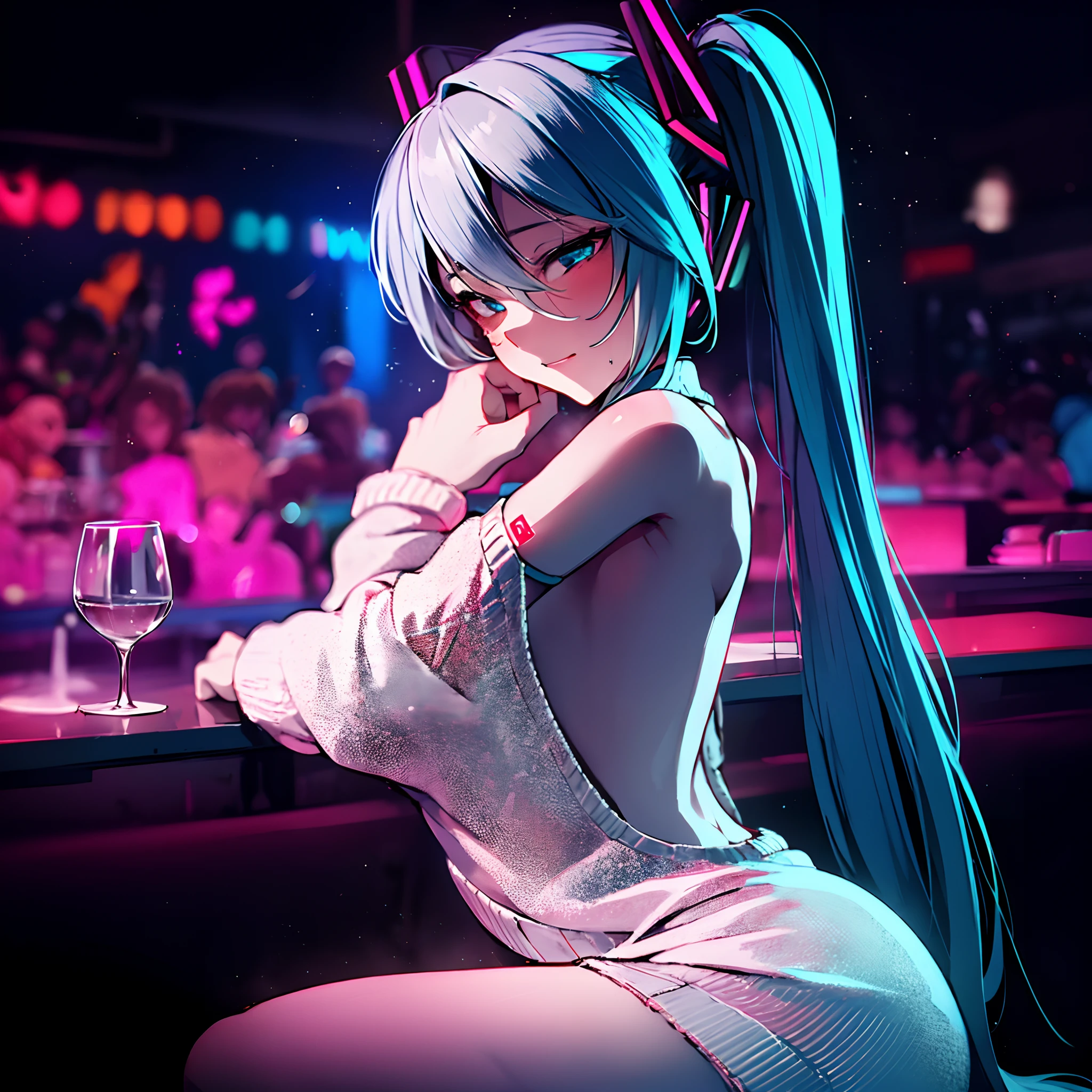 hatsune miku, lost half-closed eye,visibly drunk,shoulder cut sleveless sweater with neck collar, side body,,large back cutout,front and back,hourglass dark room with coloful lights in the background,sitting on a bar,anime big eyes,anime face,anime body,long exposure,detailed background,(masterpiece), (best quality), (detailed),detailed face and Clothing,looking sexy,sexy pose,erotic,teasing,