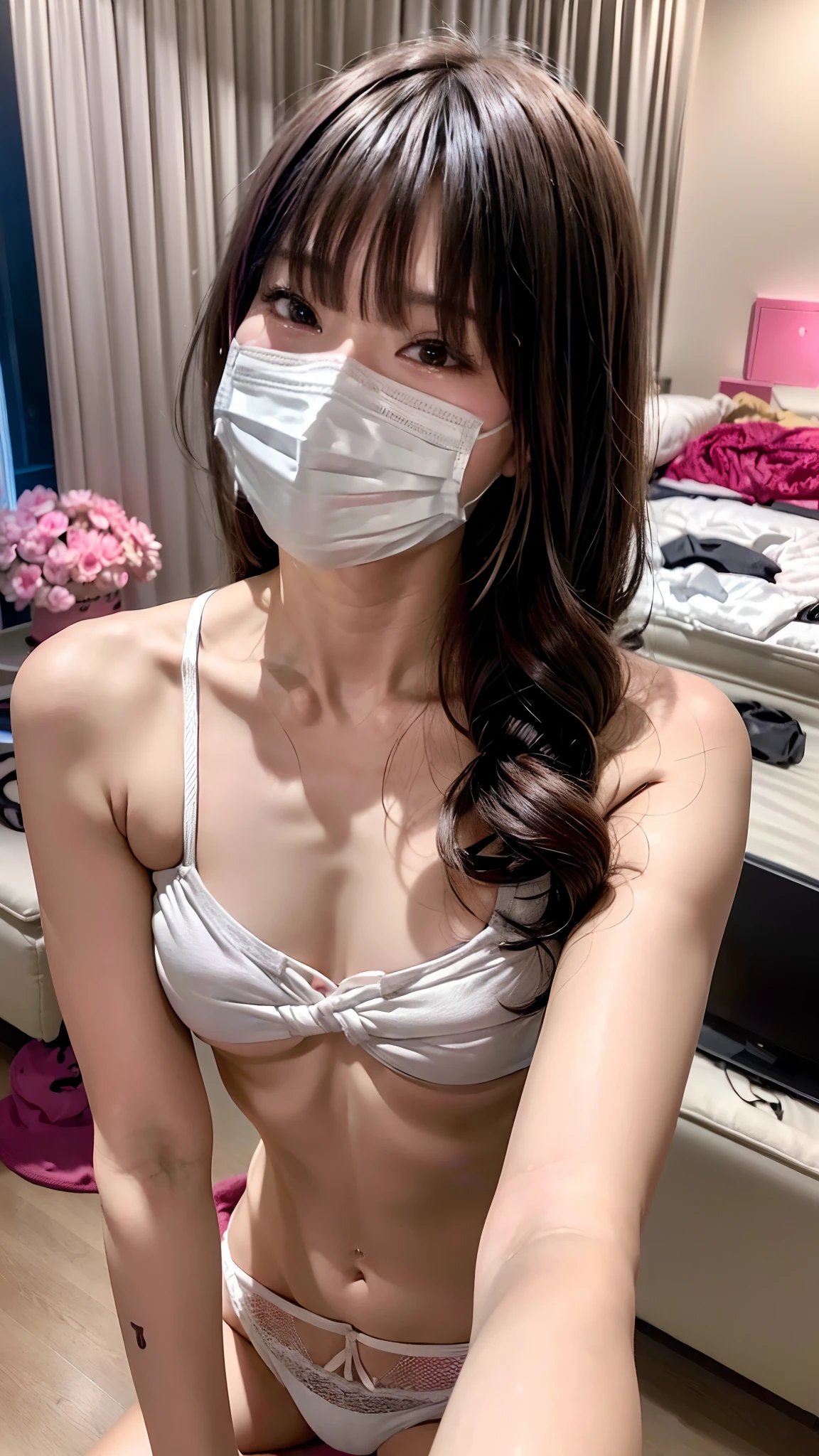 NSFW:1.2、((((selphie))))、(((((hide face with masks)))))、Pull up your T-shirt、独奏、((Curly hair))、(((Hair mound)))、college girls、Sitting on the couch、bangss、Nikon 7D, japanes、full body Esbian、good lighting:1.25、A smile、japanes、Whitening skin、Beautiful skin、((Very smiling:1.25))、Hairstyle with bangs、((((A room in an apartment))))、(((Messy clothes)))、((Messy room))、 seductively looking in front、((Delicate Photos))，(Detailed RAW photos of girls)、(Best Quality:1.5), (超A high resolution:1.5),(((Photorealistic:1.75))), 8K、Canon EOS R5, 50 millimeters, absurderes, ultra-detailliert、((Bright lighting))、Lighting from the front、Hairstyle with bangs、Wear rough lingerie、Model body type、Lots of furniture、Black Lace Pink Lingerie、