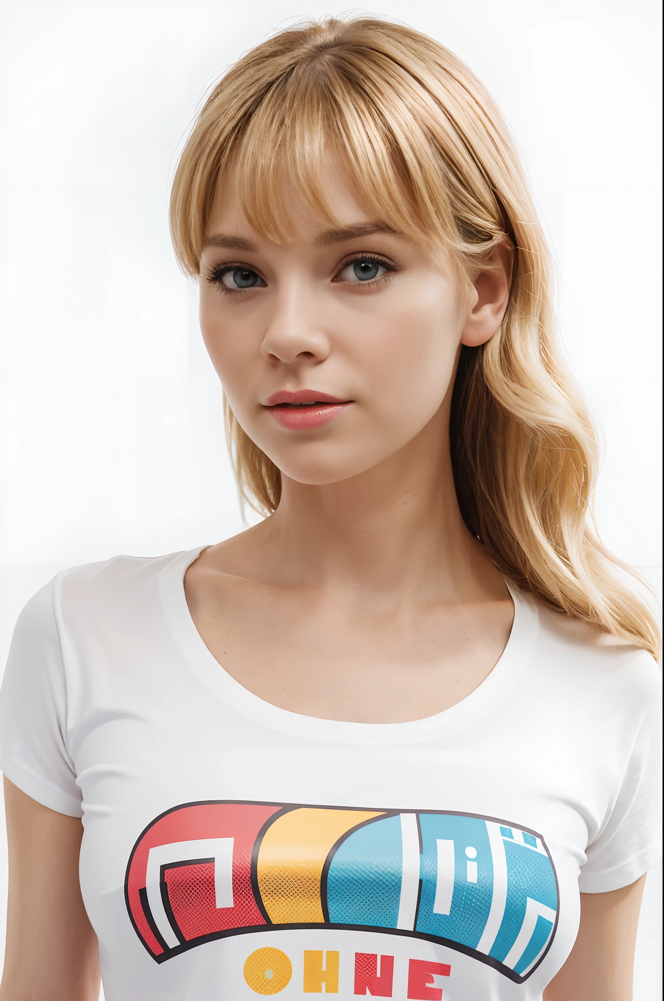 artwork of t-shirt graphic design, flat design of one retro, retro blonde Kate Capshaw, sexual pose, colourful shades, highly detailed clean, vector image, photorealistic masterpiece, professional photography, simple sunrise backdrop, flat white background, isometric, vibrant vector ((white background))