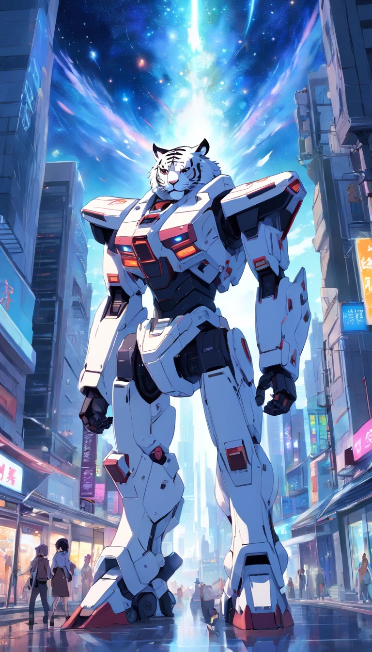 best qualtiy, tmasterpiece, 超高分辨率, realisticlying,1 man,Wearing a black mech,Fit and fit,White color hair,Eyes resolute,It was followed by the mecha White Tiger,Doomsday Street,cosmic starry sky,wide angles