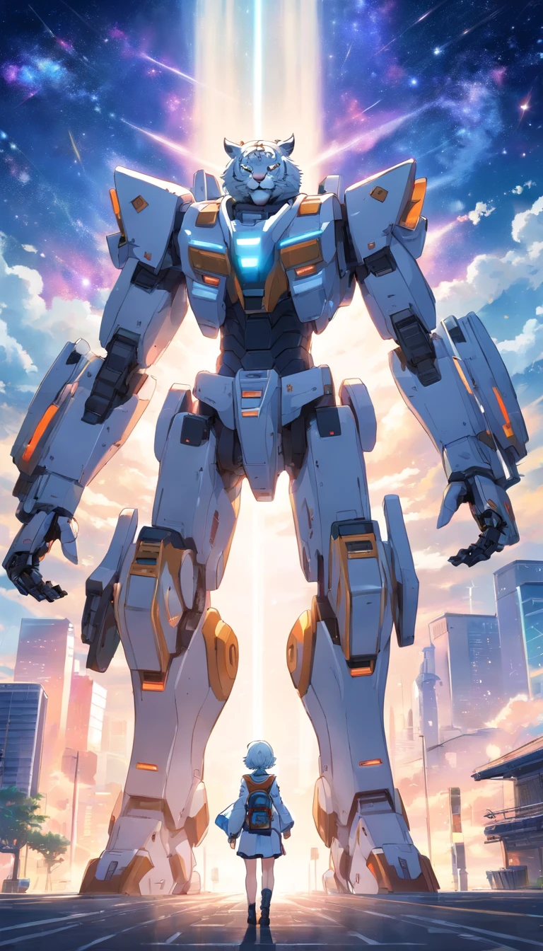 best qualtiy, tmasterpiece, 超高分辨率, realisticlying,1 man,Wearing a black mech,Fit and fit,White color hair,Eyes resolute,It was followed by the mecha White Tiger,Doomsday Street,cosmic starry sky,wide angles
