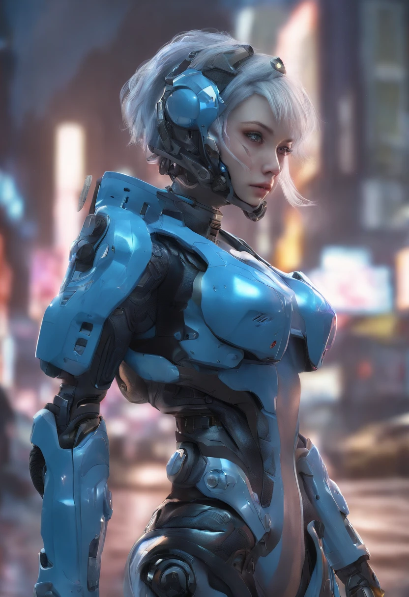 Close up of blue haired woman and blue robot, anime robotic mixed with organic,  CGSesociety, anime mecha aesthetic, girl in mecha cyber armor, cyberpunk anime girl mech, trending on cgstation, Guviz, Phlegm sputum, phlegm |, Cute cyborg girl, Smooth blue armor, Guviz-style artwork,Blue girl