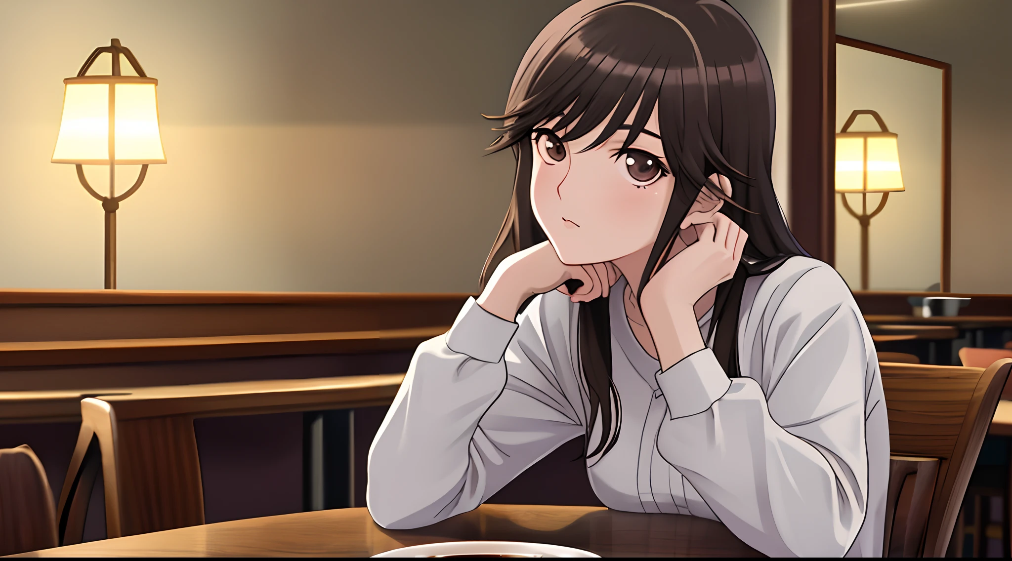 girl sitting in cafeteria looking at a landscape, cozy landscape, cozy weather, cozy, chair, table, coffee, dynamic lights, soft lighting, anime style, lamp, lamp, nice, ultra quality, best quality, ultra detailed, detailed hands, detailed eyes, detailed hair, detailed eyes, anime style, glowing light, reflection light, masterpiece, high quality, HD, super detail, HD, high quality, high details, Masterpiece, Best Quality