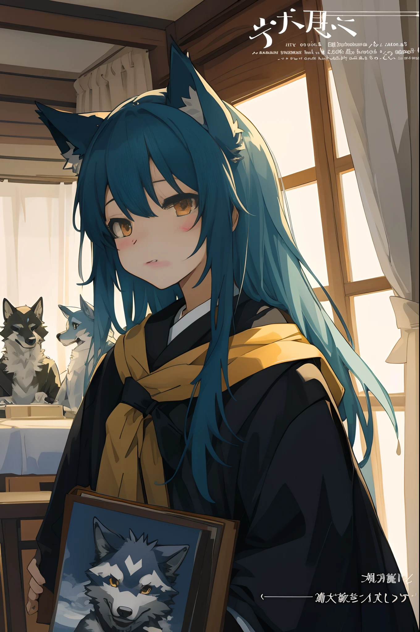 High-quality illustrations, doujinshi cover_page, doujinshi cover_Design, highres, absurdres, The story of the meeting of a girl and a wolf,