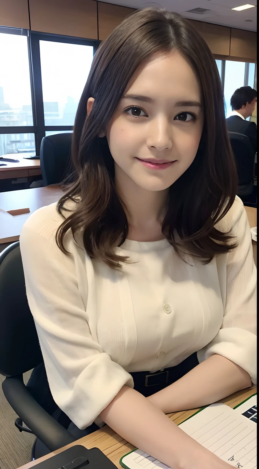 (A hyper-realistic), (hight resolution), (8K), (ighly detailed),  (beatiful detailed eyes), (top-quality), (ultra-detailliert), (​masterpiece), (A detailed face), softfocus、face of emma watson、Colossal tits、japanes、s Office、Office、Office Lady Costume、personal computers、notebook、Glass-walled office、a chair、a miniskirt、Work with a smile、Starbucks coffee cup on desk