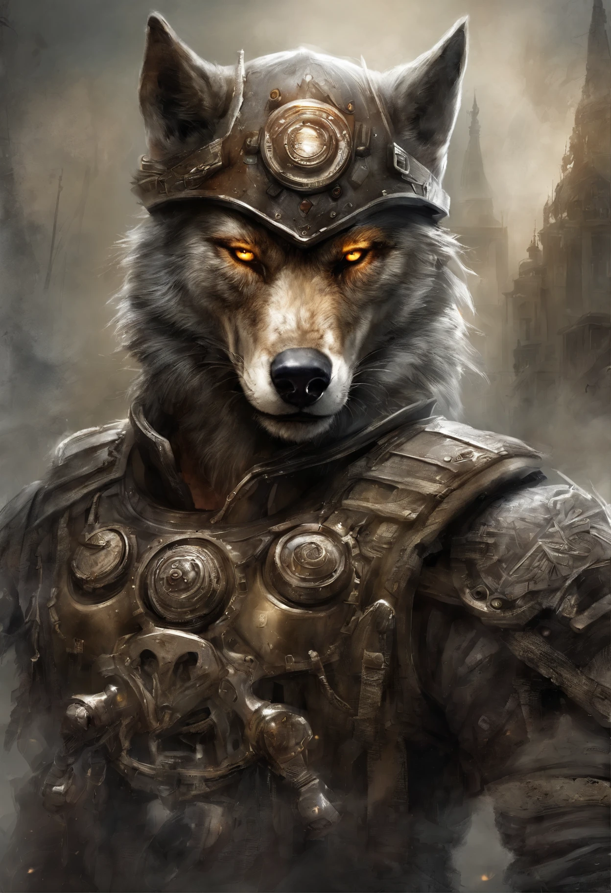maximum quality, Dramatic lighting, menacing pose, fierce expression, epic atmosphere, (((wolf head shaped helmet))), (((full body shot))),a wolf made out of metal, cyborg, cyberpunk style, clockwork, ((intricate details)), hdr, ((intricate details, hyperdetailed)), incandescent lamps, cinematic shot, vignette, bokeh effect beckground, (canines), (full body shot).