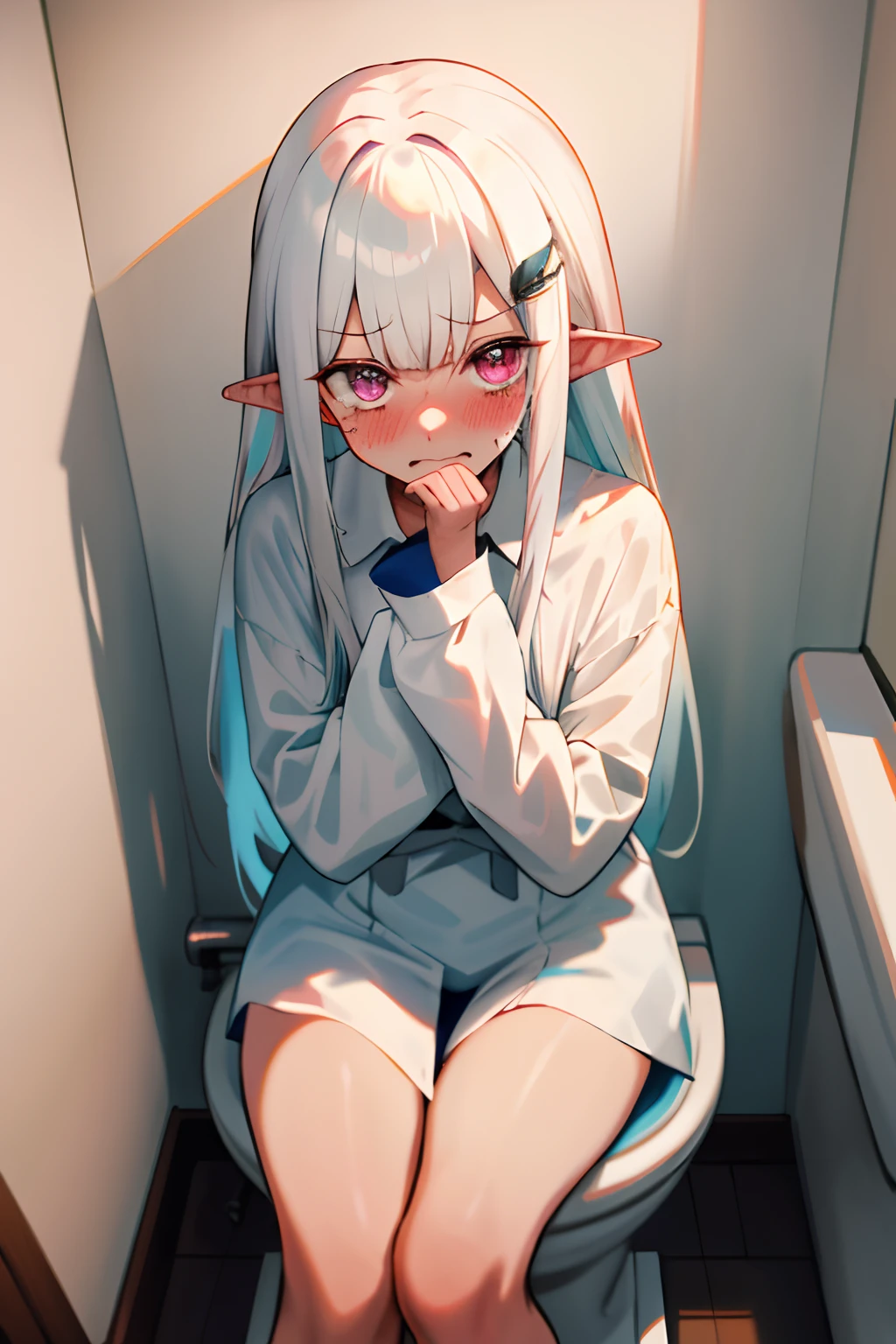 One girl with long hair, white hair, looking at viewer, indoor , oversized naked shirts, pointy ears, perfect waist, sitting, sitting on toilet, wc, pooping, caught in toilet, hand on crotch, embarrassed expression, blush, tears, opened mouth, (embarrassed:1.2), looking at viewer, hair ornament