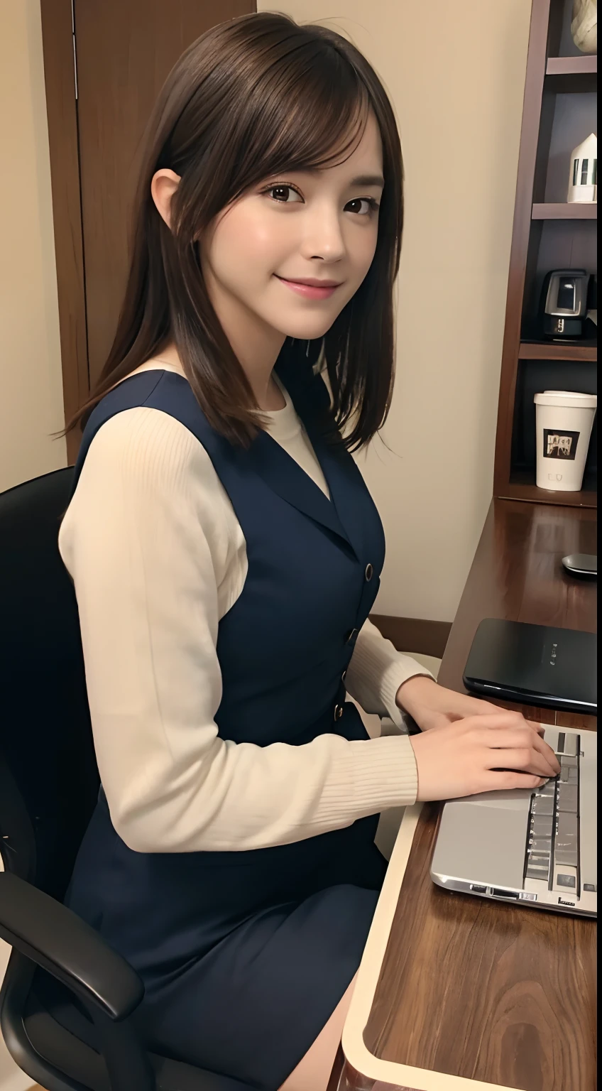 (A hyper-realistic), (hight resolution), (8K), (ighly detailed), (beatiful detailed eyes), (top-quality), (ultra-detailliert), (masterpiece), (A detailed face), softfocus、face of emma watson、Colossal tits、japanes、s Office、Office、Office Lady Costume、personal computers、notebook、Glass-walled office、a chair、a miniskirt、Work with a smile、Starbucks coffee cup on desk