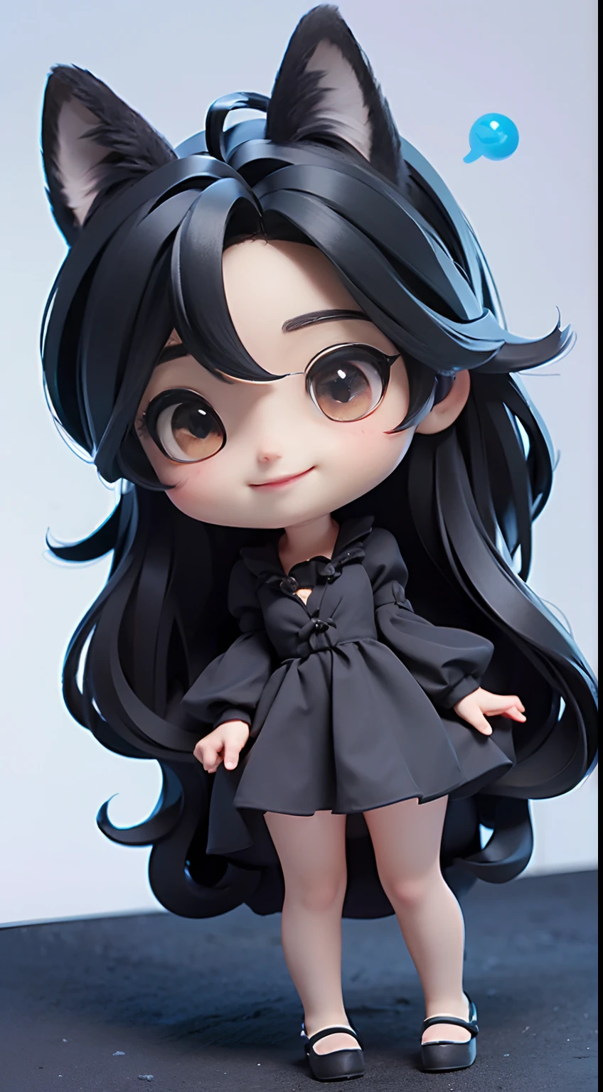 (Best Quality,4K,High resolution), Little pretty girl、((Wolf ears、Wearing a black dress、disheveled black hair、))、Full body projection、Smile big、Chibi、Beautiful red eyes、Comical depiction、kawaii illustration、busy、In the colorful fairytale forest、Chasing the Blue Bird